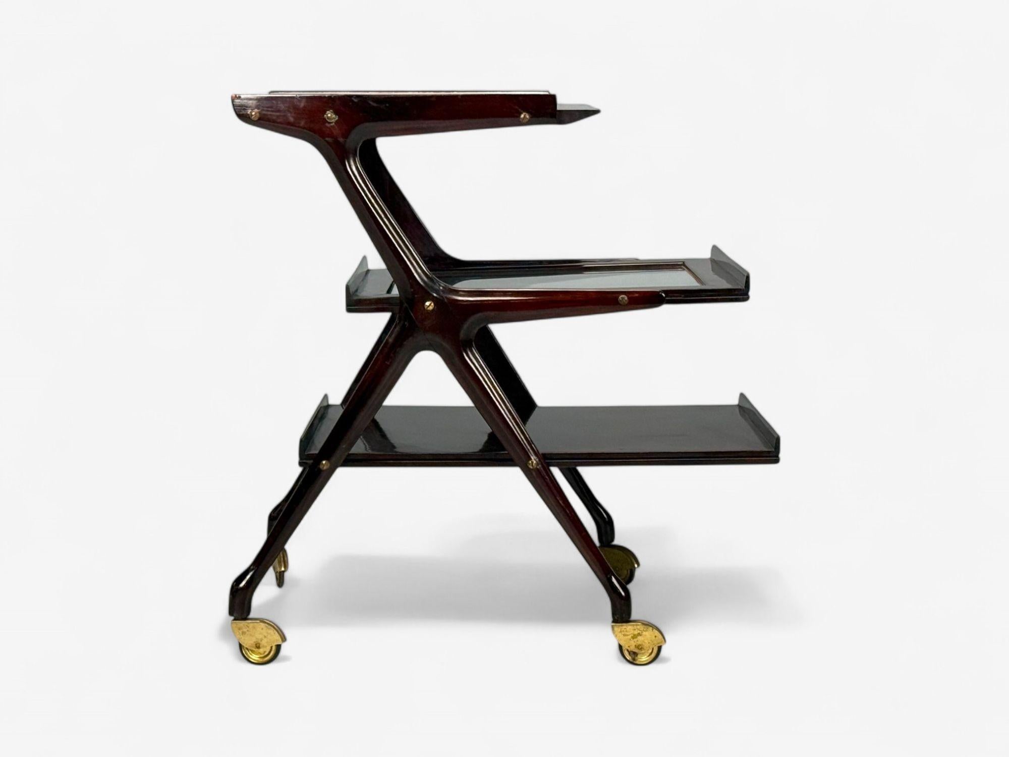 italien Ico Parisi Style, Italian Modern, Wood, Brass, Glass, Bar Cart, Italy, 1950s en vente