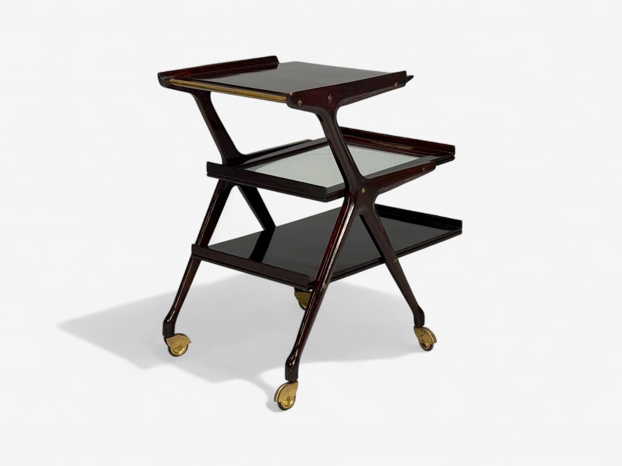 Laiton Ico Parisi Style, Italian Modern, Wood, Brass, Glass, Bar Cart, Italy, 1950s en vente