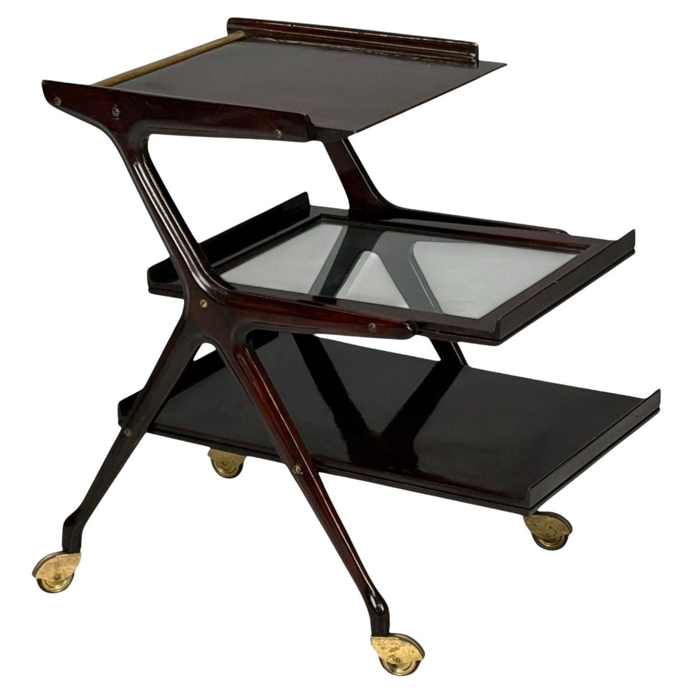 Ico Parisi Style, Italian Modern, Wood, Brass, Glass, Bar Cart, Italy, 1950s