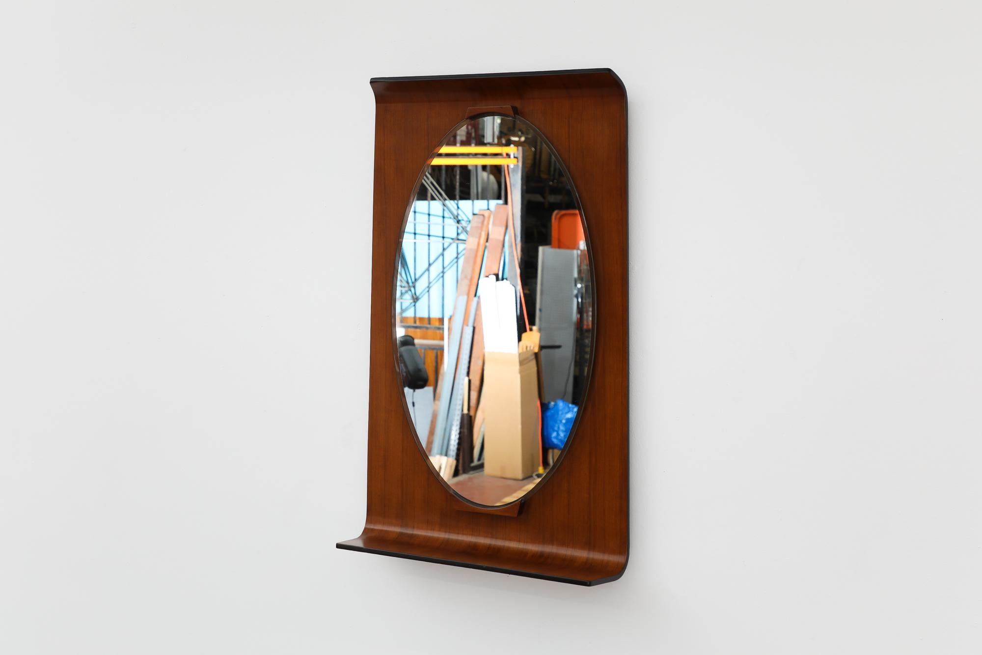 Mid-Century Modern Ico Parisi Style Italian Wall Mounted Mirror w/ Bent Teak Frame & Oval Mirror For Sale