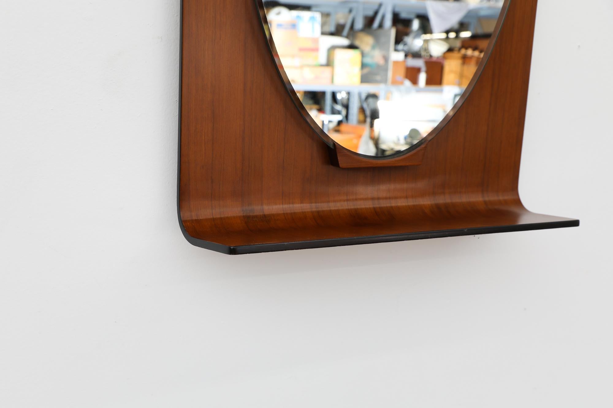 Ico Parisi Style Italian Wall Mount Mirror with Bent Teak Frame In Good Condition For Sale In Los Angeles, CA