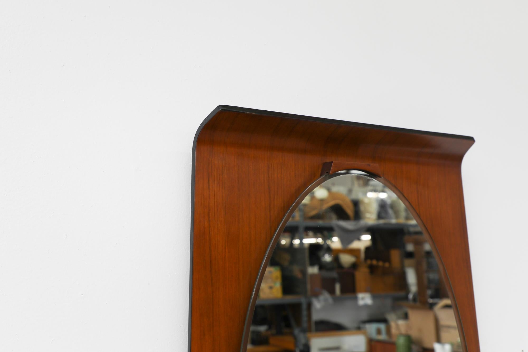 Mid-20th Century Ico Parisi Style Italian Wall Mounted Mirror w/ Bent Teak Frame & Oval Mirror For Sale