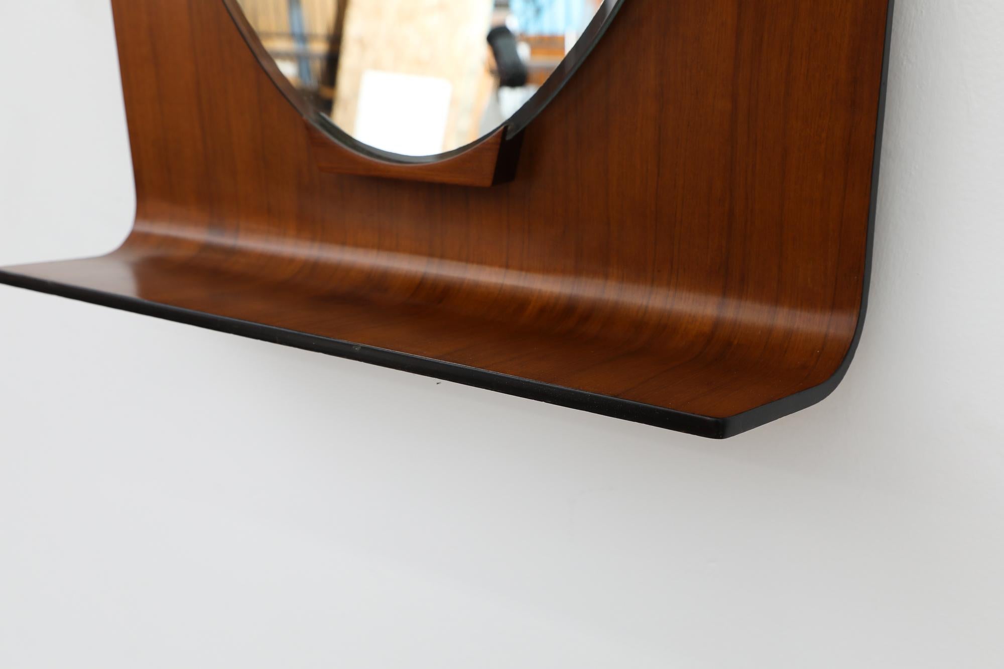 Ico Parisi Style Italian Wall Mounted Mirror w/ Bent Teak Frame & Oval Mirror For Sale 3