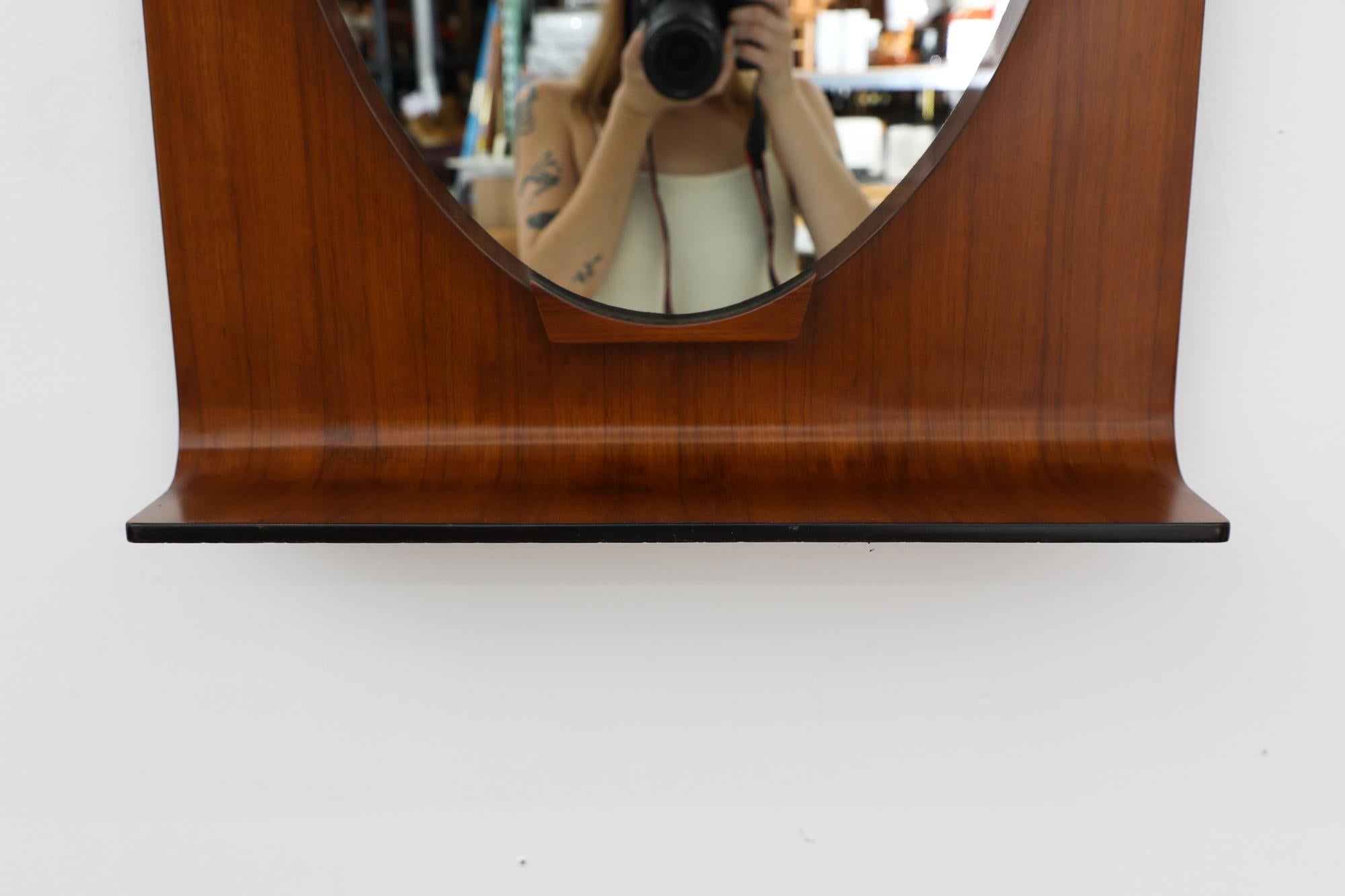 Ico Parisi Style Italian Wall Mounted Mirror w/ Bent Teak Frame & Oval Mirror For Sale 4