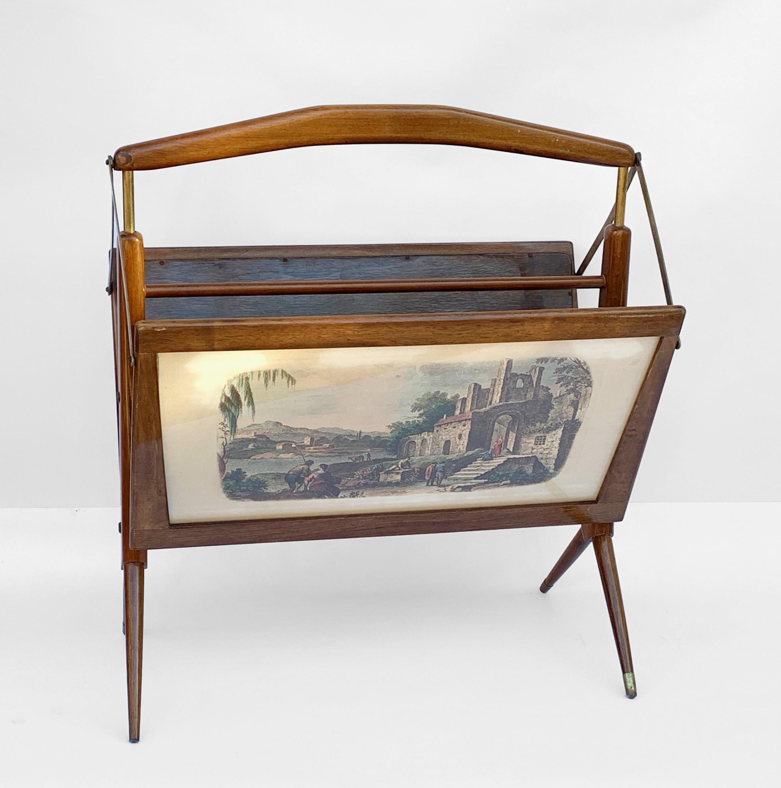 Mid-Century Modern Ico Parisi Style Magazine Rack in Wood, Brass, with 2 Prints, Italy, 1950s