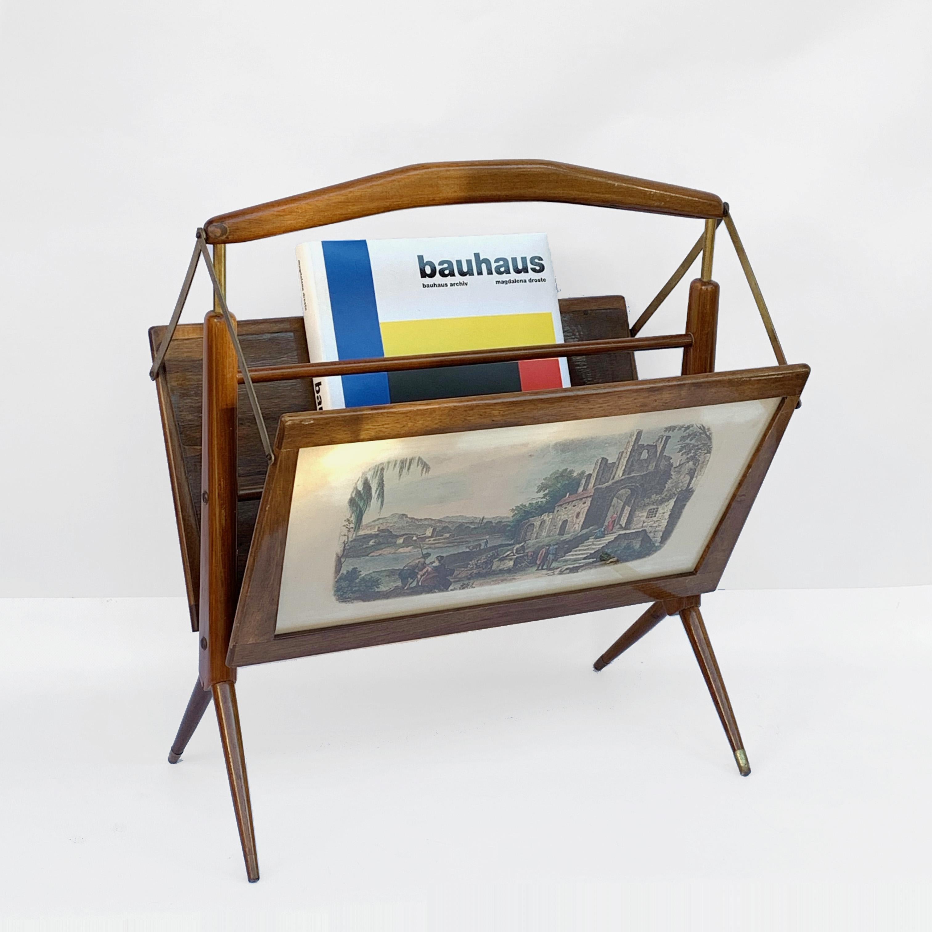 Ico Parisi Style Magazine Rack in Wood, Brass, with 2 Prints, Italy, 1950s 2