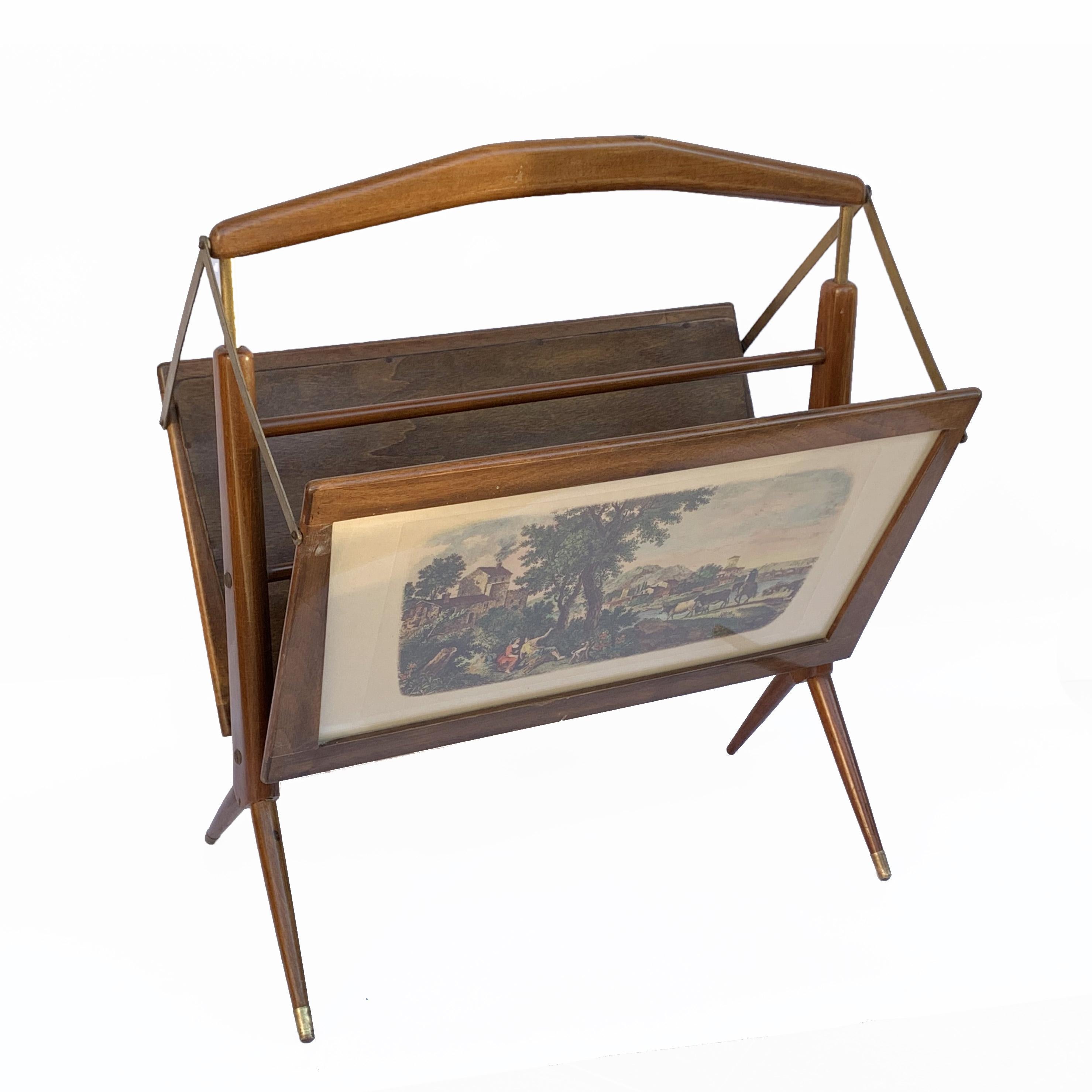 Ico Parisi Style Magazine Rack in Wood, Brass, with 2 Prints, Italy, 1950s