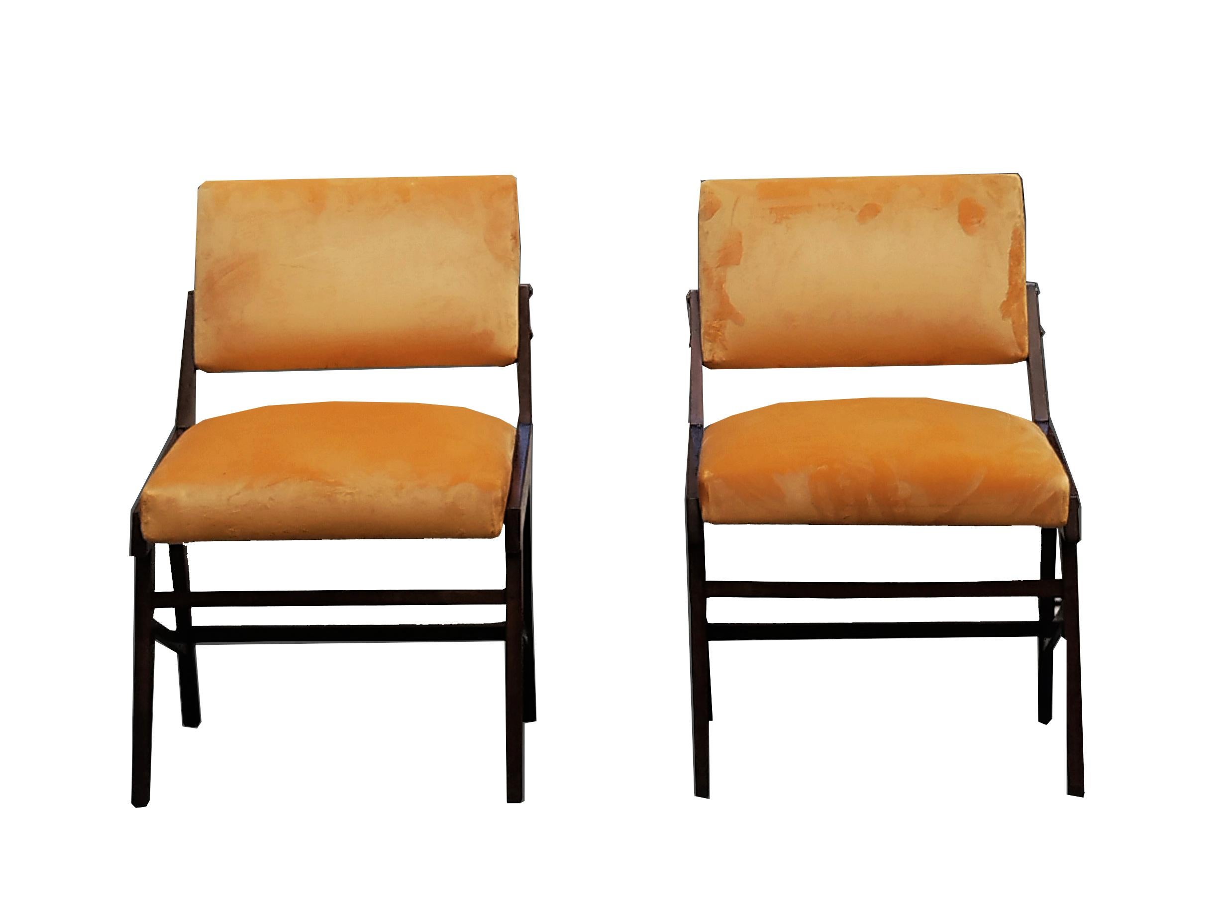 Set of two wooden chairs, peach velvet seat and back, in the style of Ico Parisi, 1960s