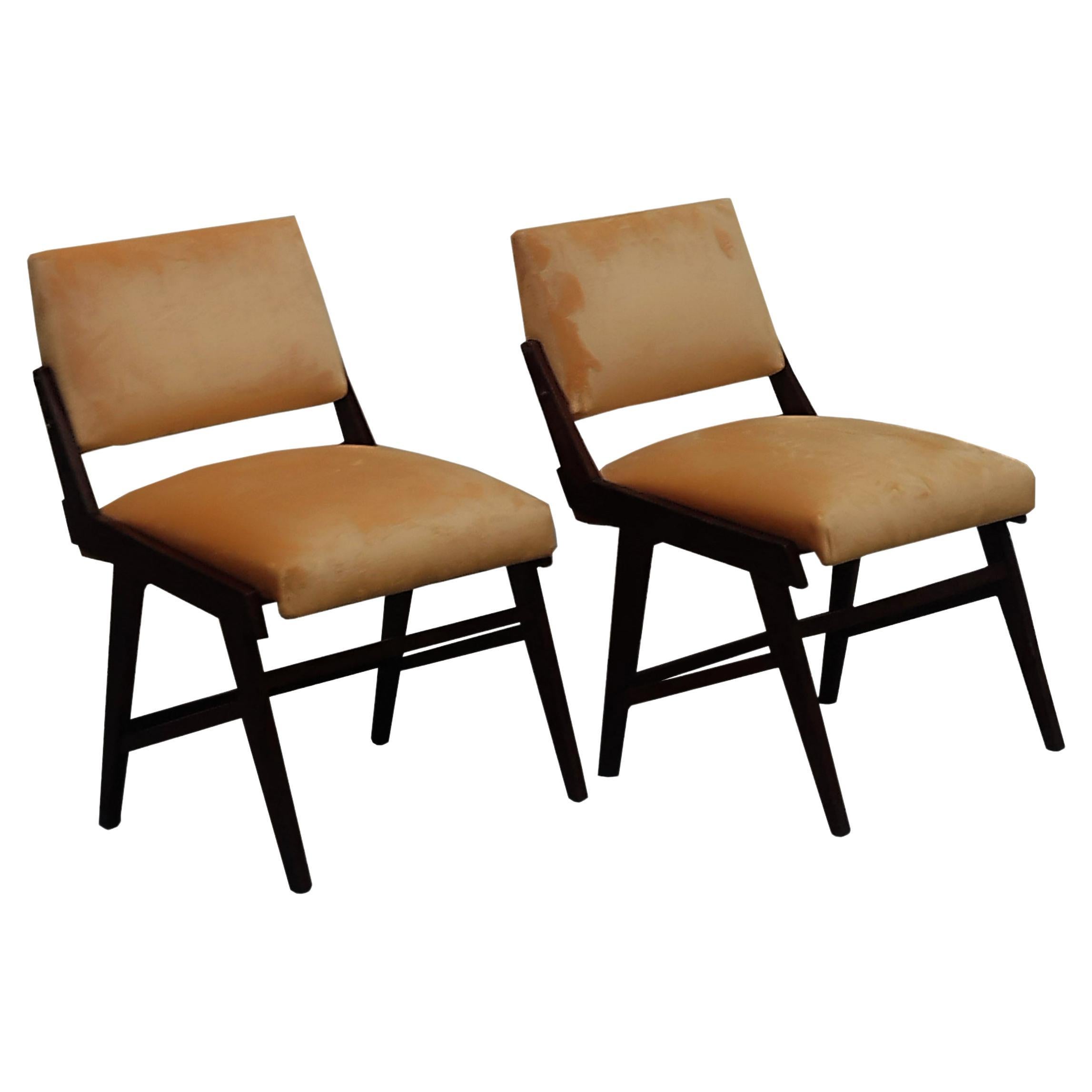 Ico Parisi Style Pair of Wood and Velvet Chairs, Italy 1960s For Sale