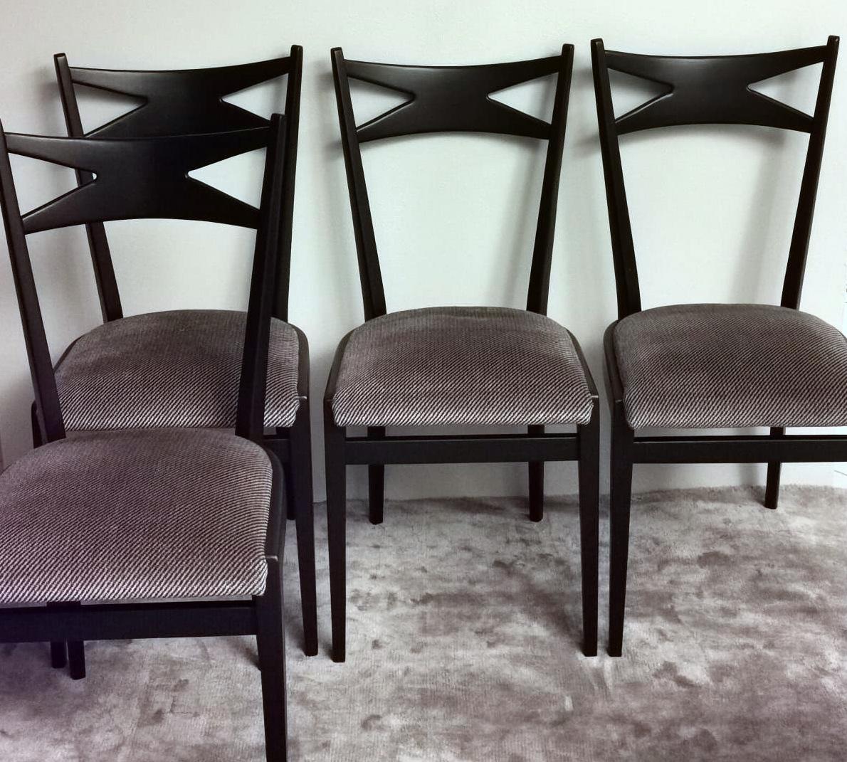 Ico Parisi Style Set 6 Chairs Ebonized Wood and Original Velvet Seat For Sale 4