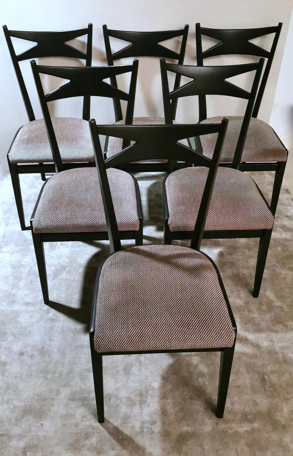Mid-Century Modern Ico Parisi Style Set 6 Chairs Ebonized Wood and Original Velvet Seat For Sale
