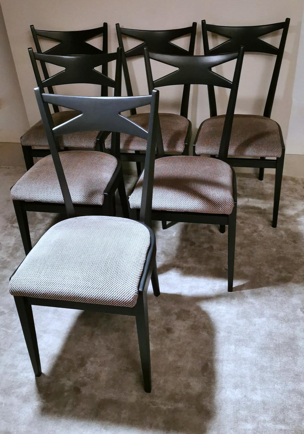 Italian Ico Parisi Style Set 6 Chairs Ebonized Wood and Original Velvet Seat For Sale