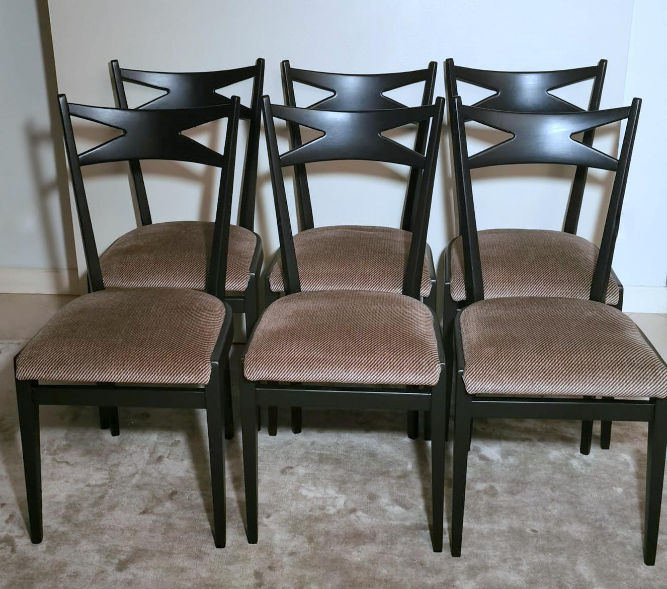 Ico Parisi Style Set 6 Chairs Ebonized Wood and Original Velvet Seat In Good Condition For Sale In Prato, Tuscany