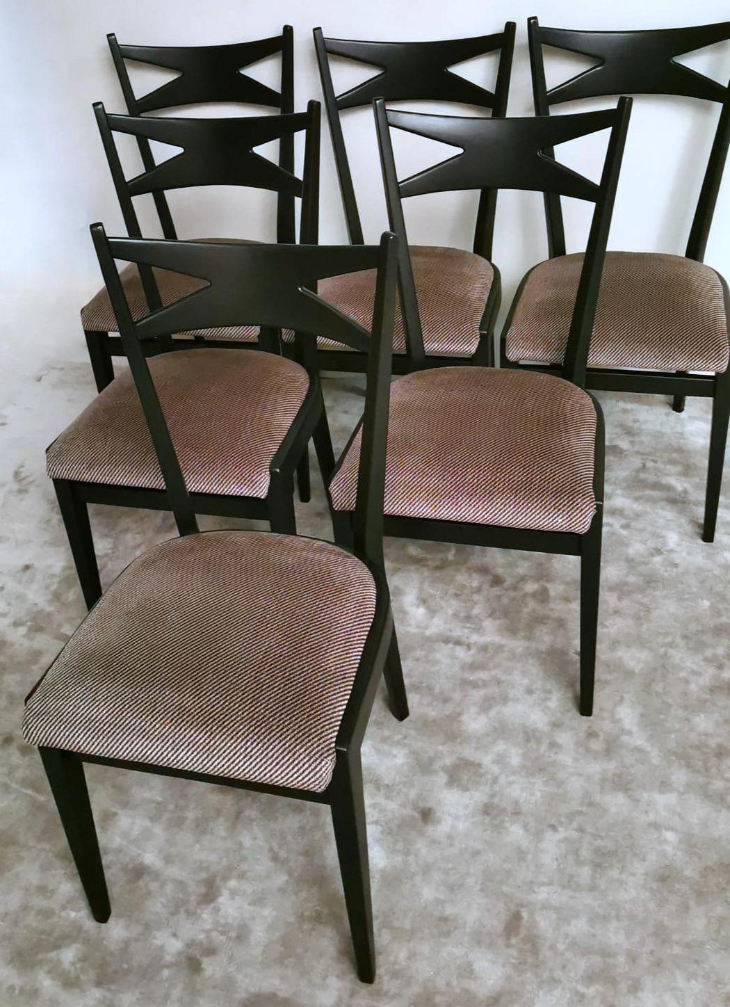 20th Century Ico Parisi Style Set 6 Chairs Ebonized Wood and Original Velvet Seat For Sale
