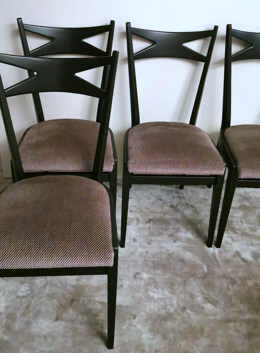 Ico Parisi Style Set 6 Chairs Ebonized Wood and Original Velvet Seat For Sale 2