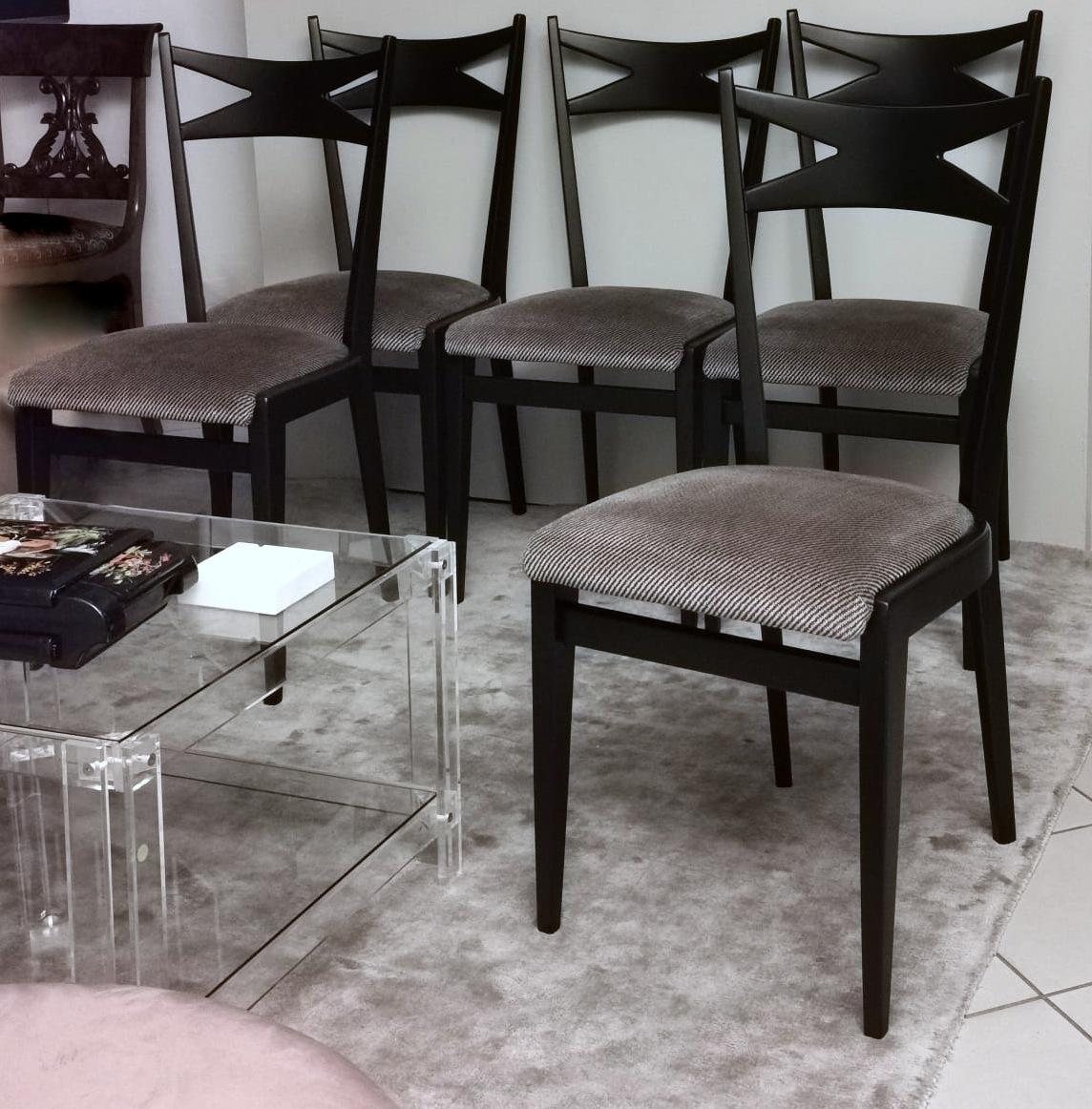 Ico Parisi Style Set 6 Chairs Ebonized Wood and Original Velvet Seat For Sale 3