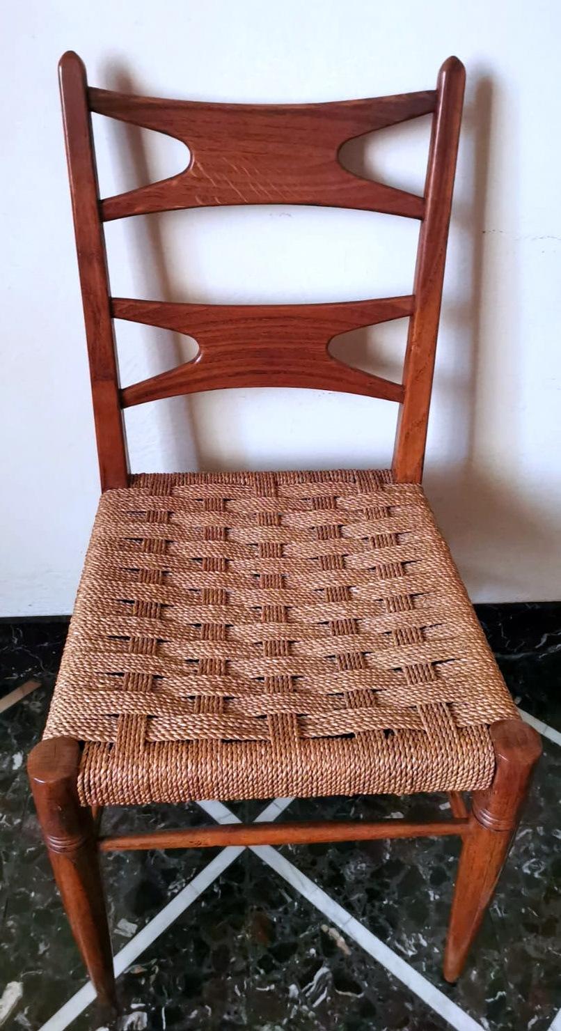 Ico Parisi Style Set Of 6 Italian Chairs In Walnut Wood And Straw Seat 1
