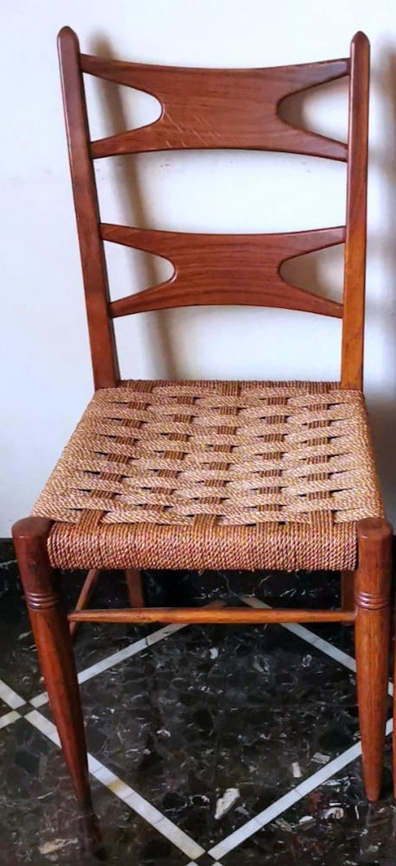 Ico Parisi Style Set Of 6 Italian Chairs In Walnut Wood And Straw Seat 2