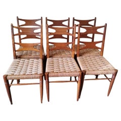 Ico Parisi Style Set Of 6 Italian Chairs In Walnut Wood And Straw Seat