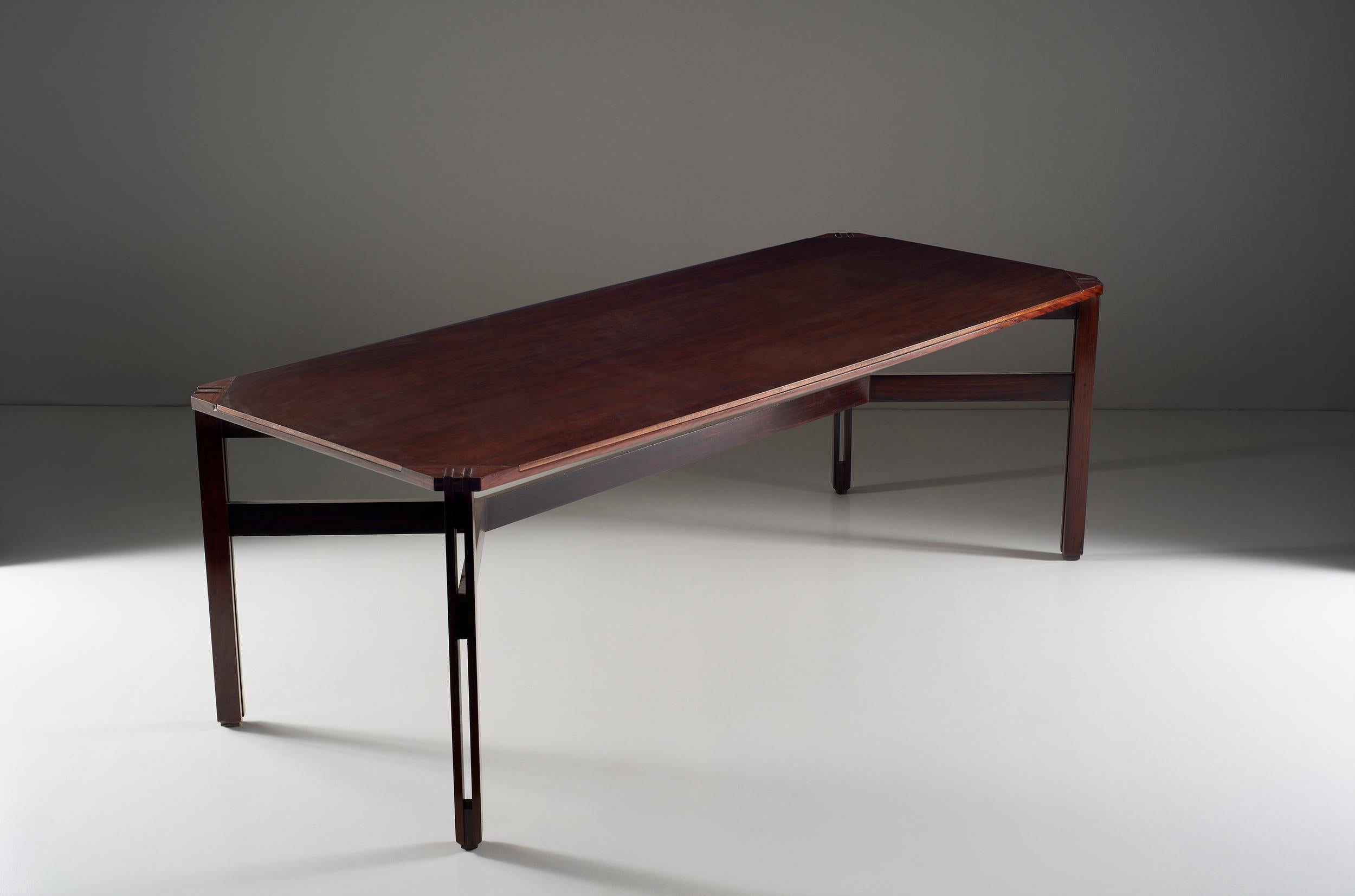 Italian Ico Parisi Table with Straight Walnut Frame and Wooden Supports, circa 1950