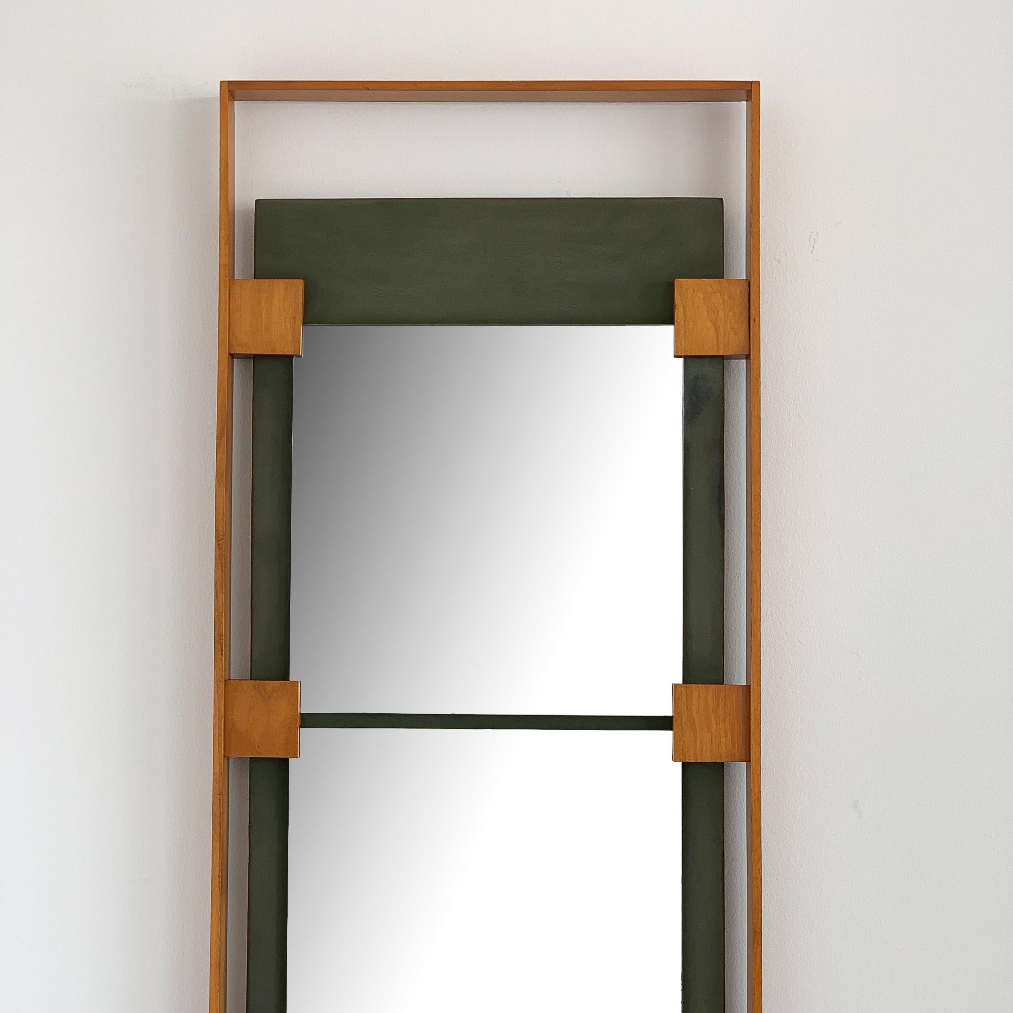 Mid-Century Modern Ico Parisi Teak and Green Suede Wall Mirror