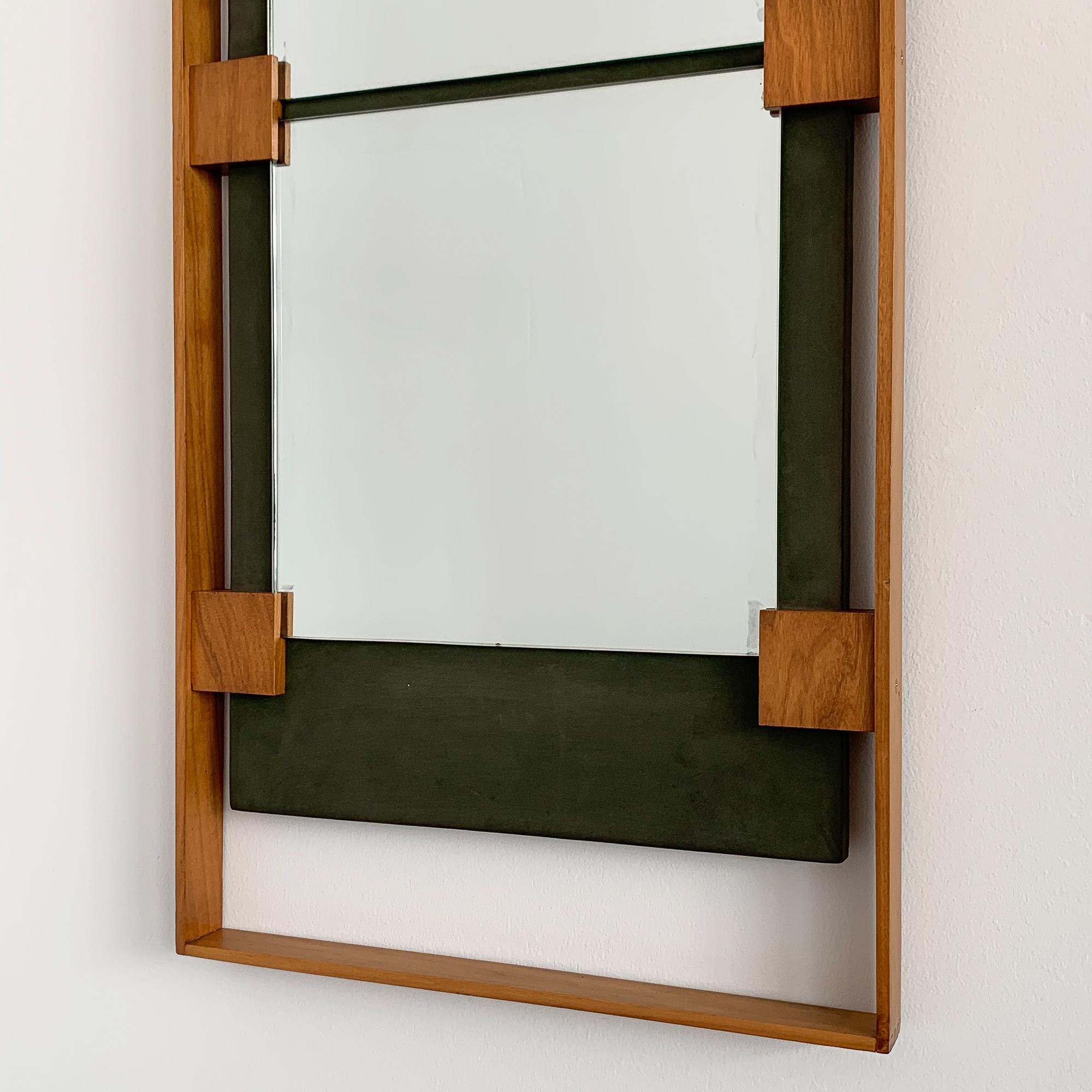 Ico Parisi Teak and Green Suede Wall Mirror In Good Condition In Chicago, IL