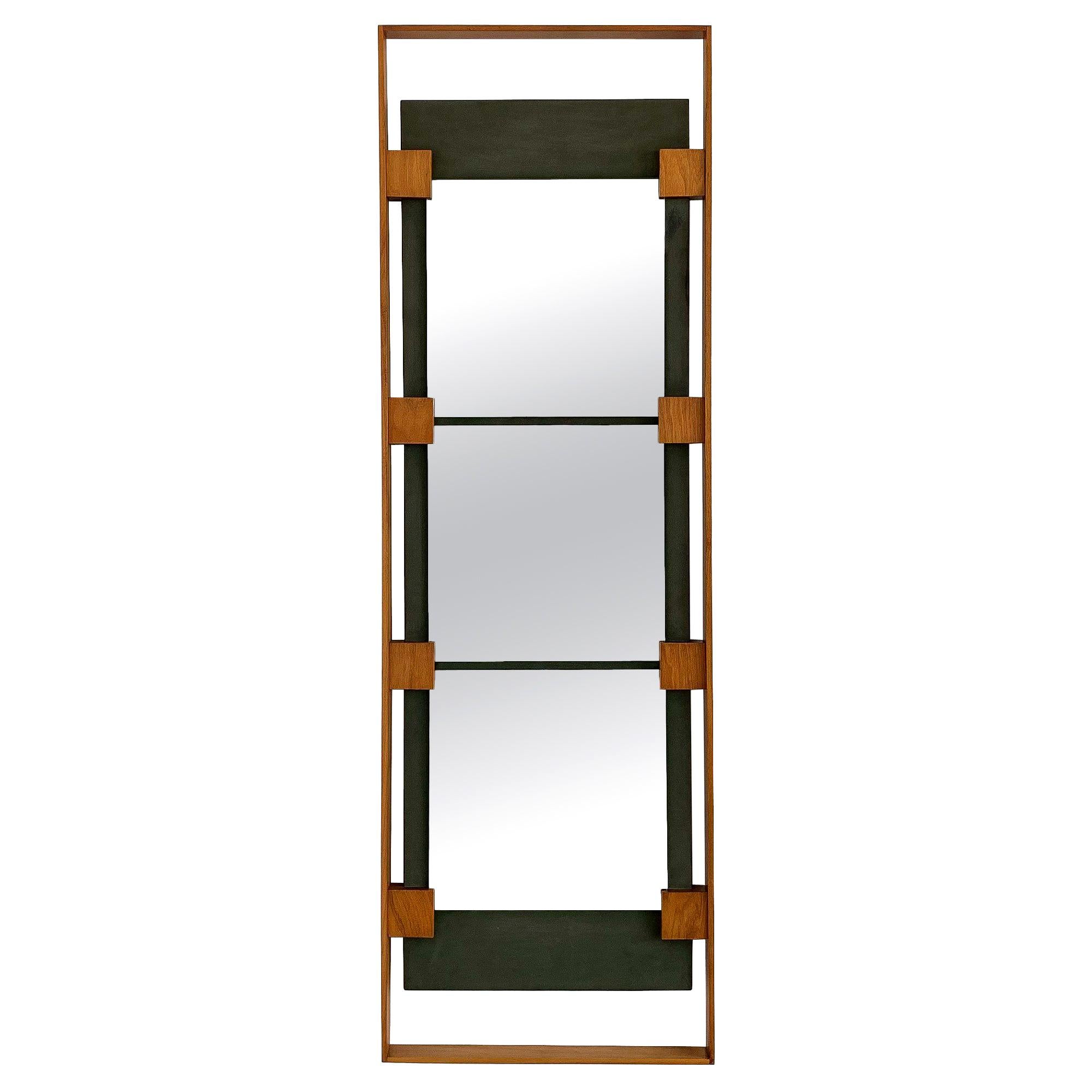 Ico Parisi Teak and Green Suede Wall Mirror