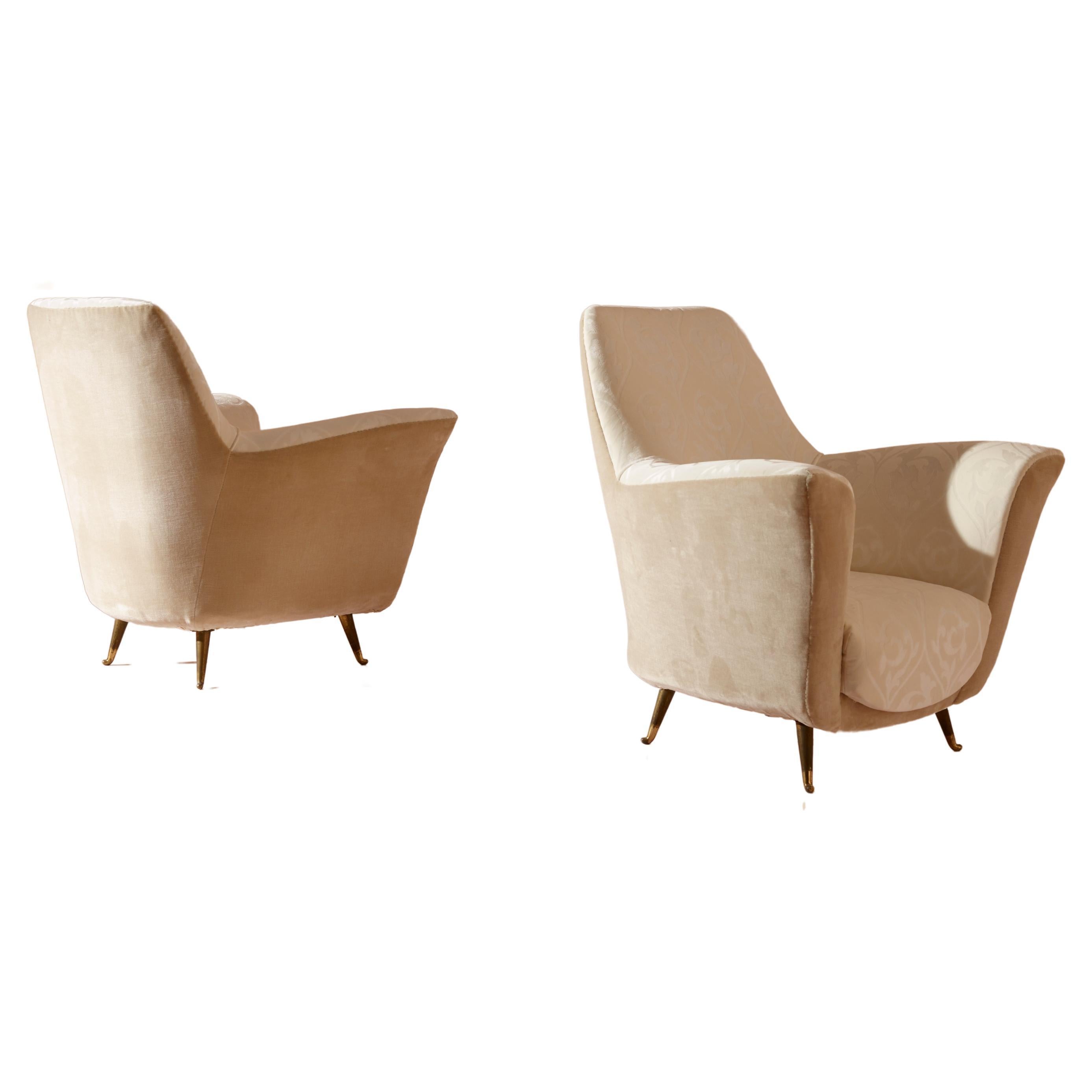 Ico Parisi velvet and brass armchairs by Isa Bergamo, Italy, 1950s