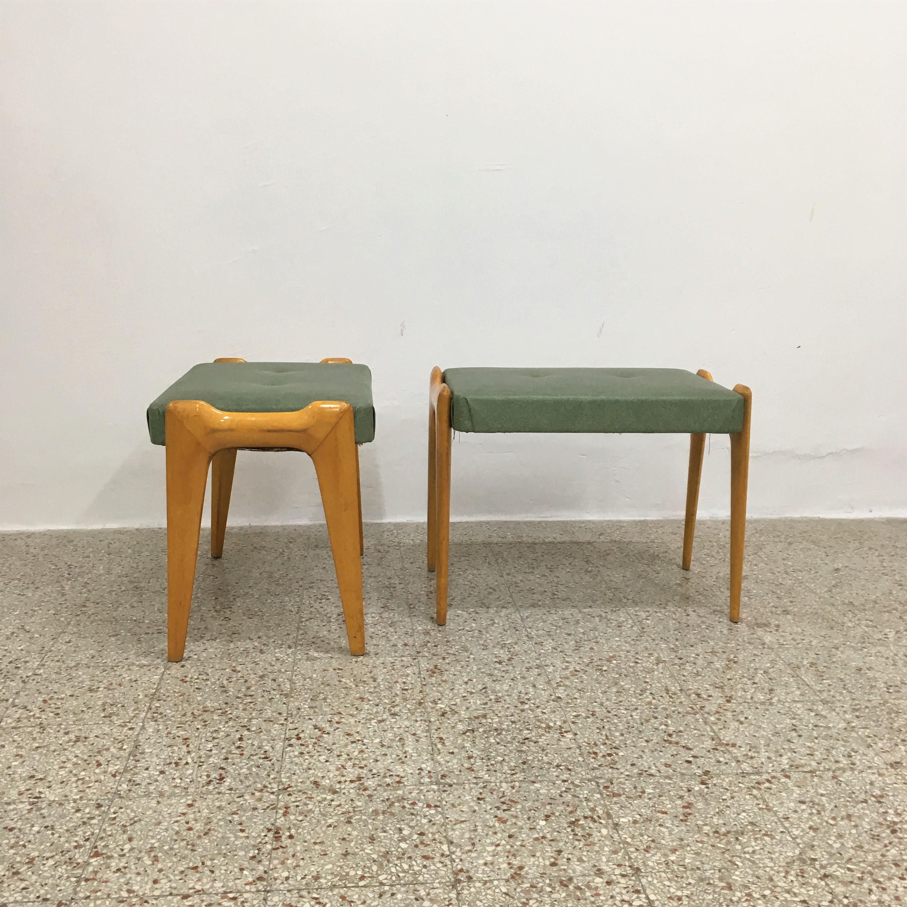 Modern Ico Parisi Vintage Stools in Light Wood and Skai Set of 2 50s Cantù Italy