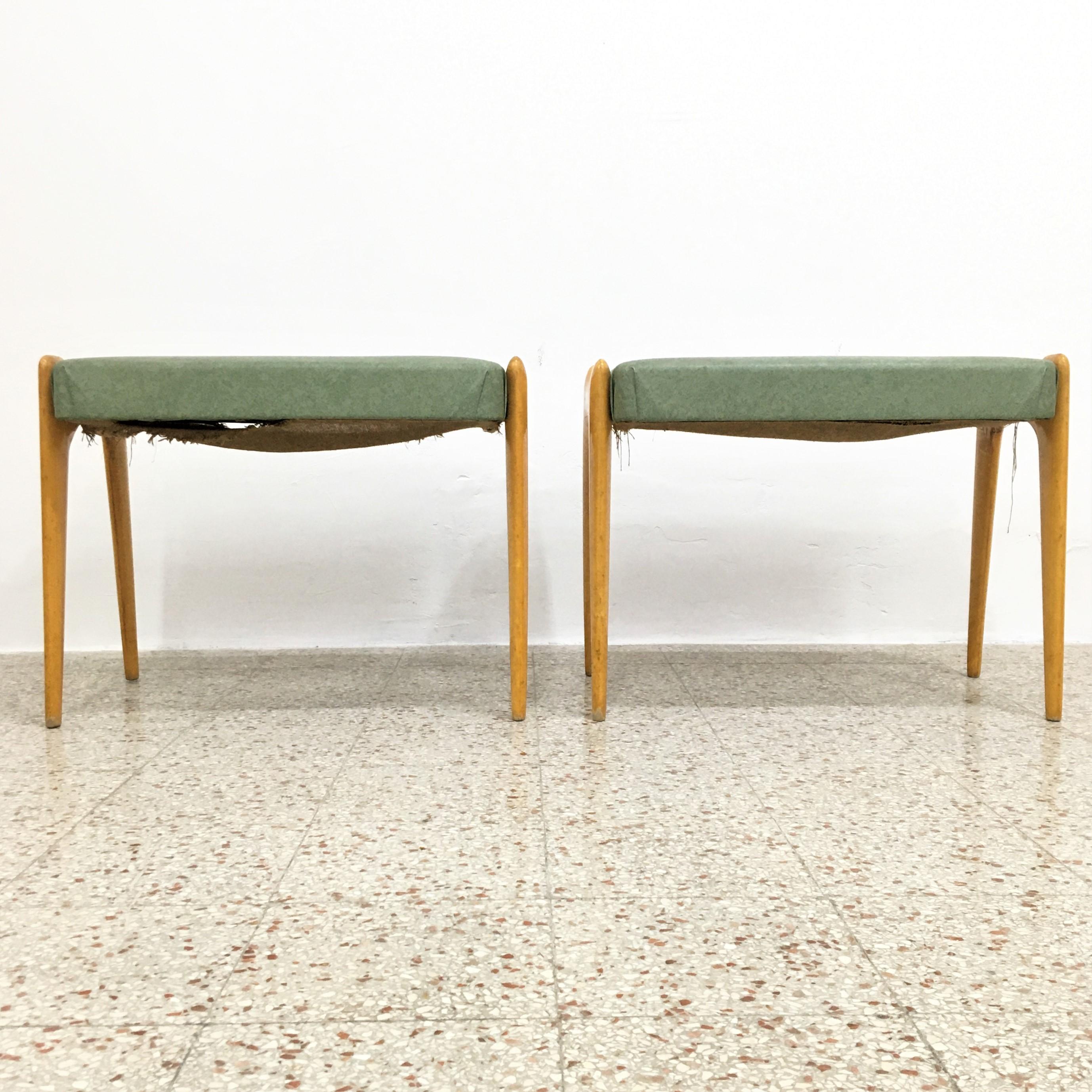 Ico Parisi Vintage Stools in Light Wood and Skai Set of 2 50s Cantù Italy 3