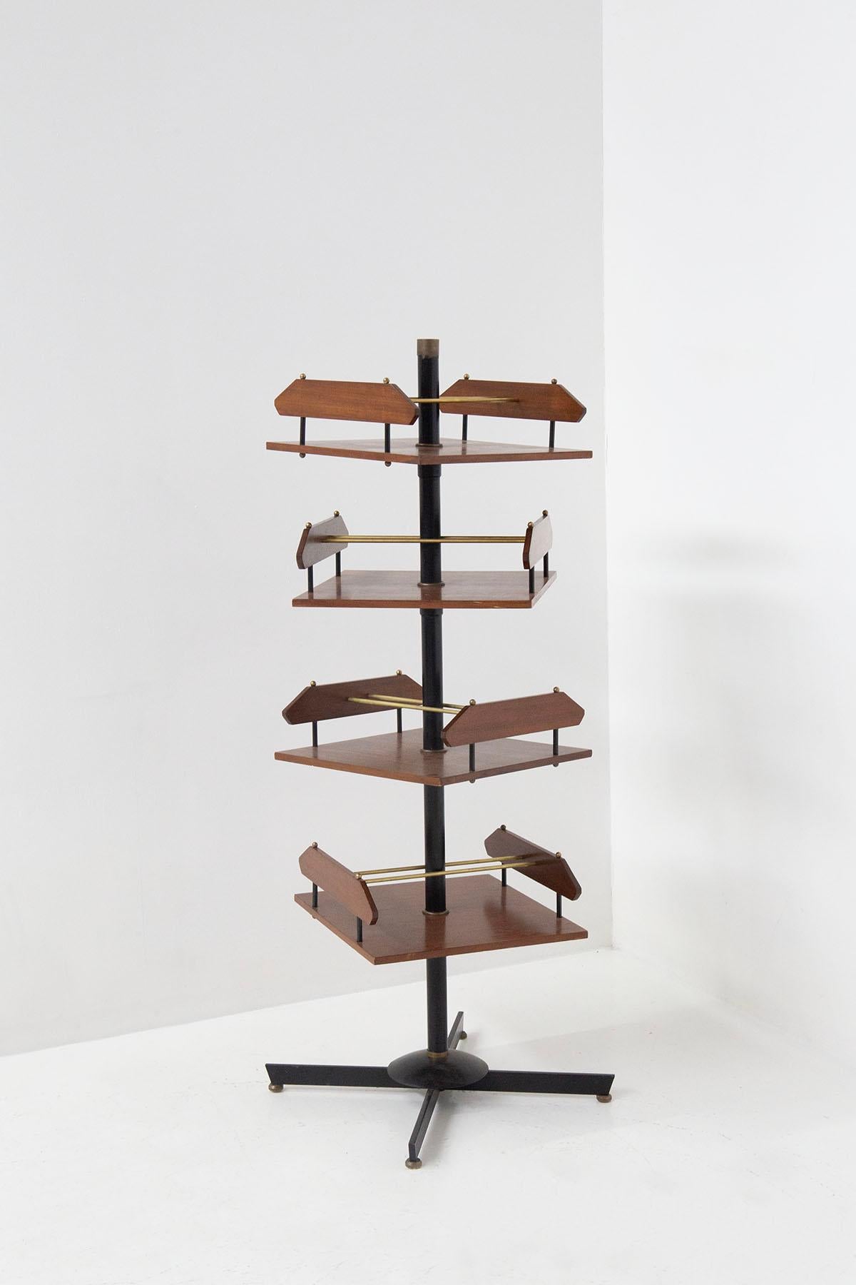 Ico Parisi Vintage Wood and Brass Swivel Bookcase 'Attr.' In Good Condition In Milano, IT