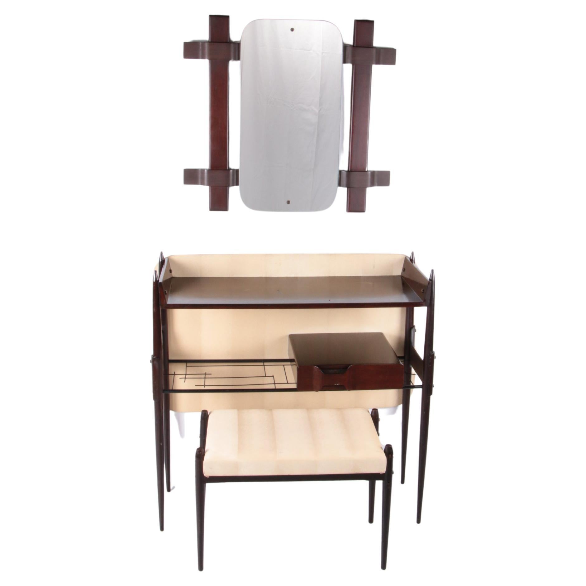 Ico Parisi Wall Unit with Mirror and Stool, 1950, Italy For Sale