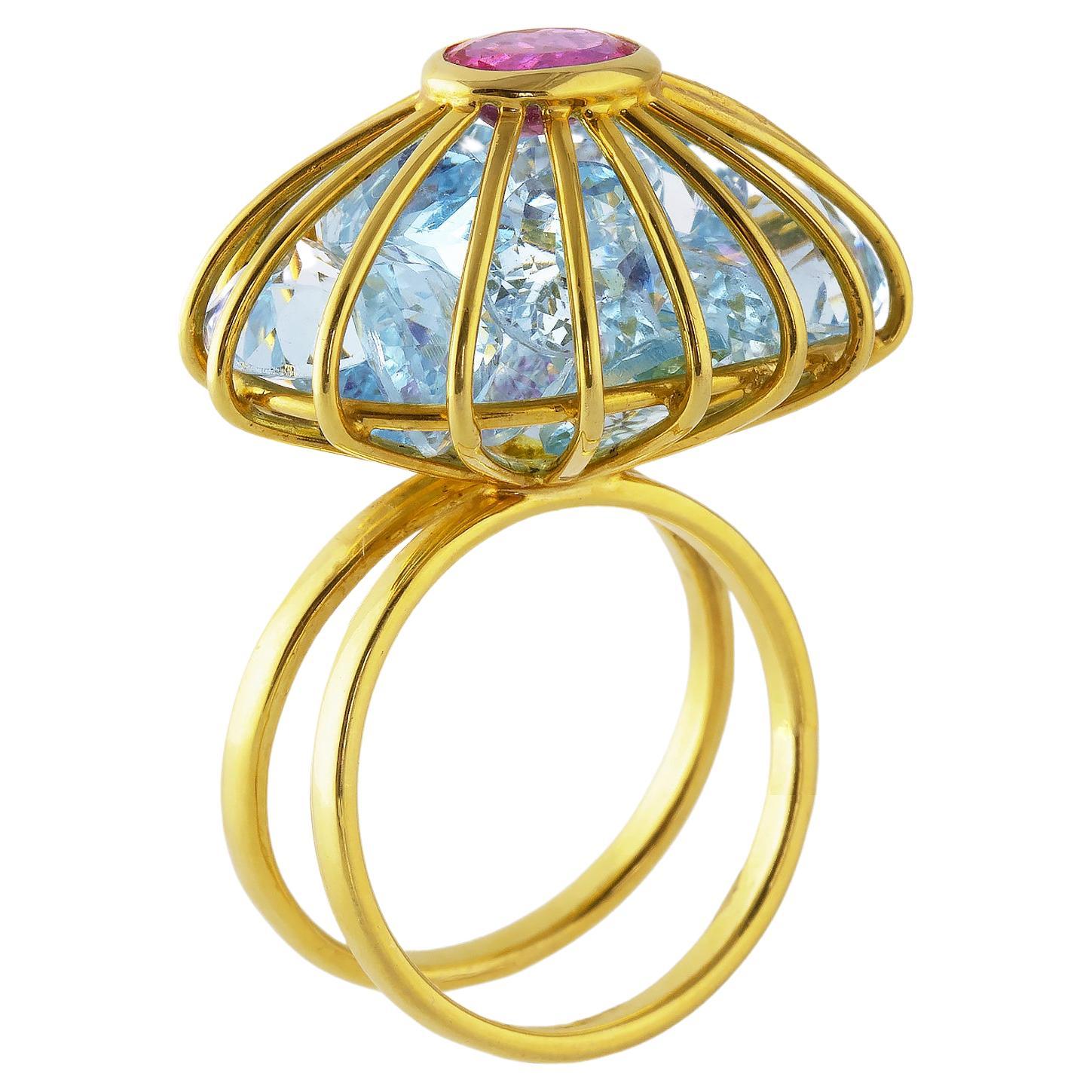 Ico & the Bird Fine Jewelry Aquamarine Rubellite Tourmaline 18k Gold Cage Ring 