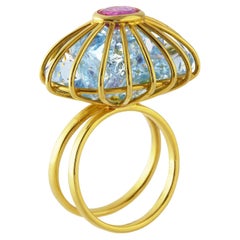Ico & the Bird Fine Jewelry Aquamarine Rubellite Tourmaline 18k Gold Cage Ring 