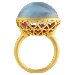 Ico & the Bird 25.57 Carat Aquamarine Cabochon Burmese Ruby 22 Karat Gold Ring