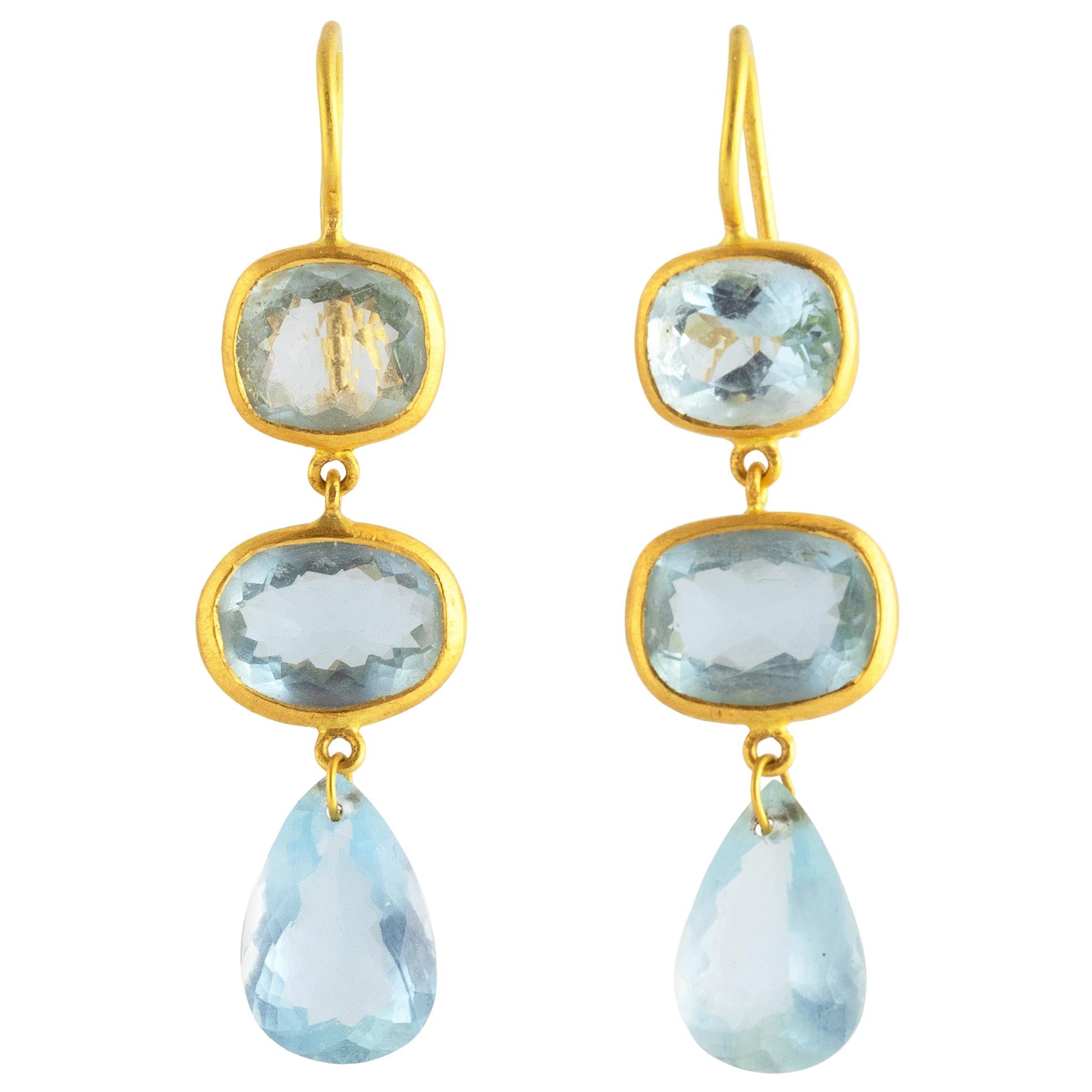 Ico & the Bird Fine Jewelry Aquamarine 3 stone 22 Karat Gold Earrings 