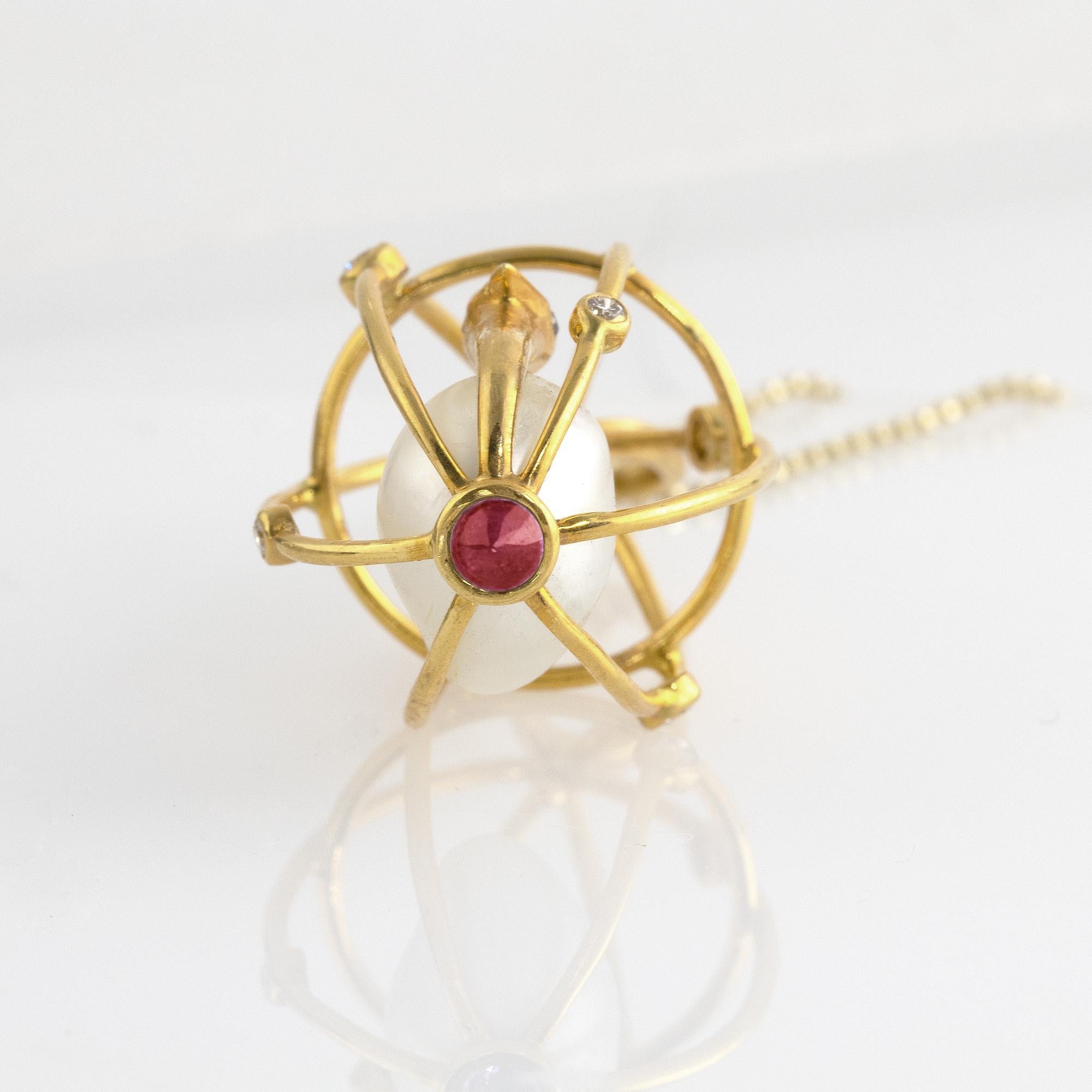 Brilliant Cut Ico & the Bird Baroque Pearl, Ruby, Diamonds 'Caged Bird' 18k Gold Pendant For Sale