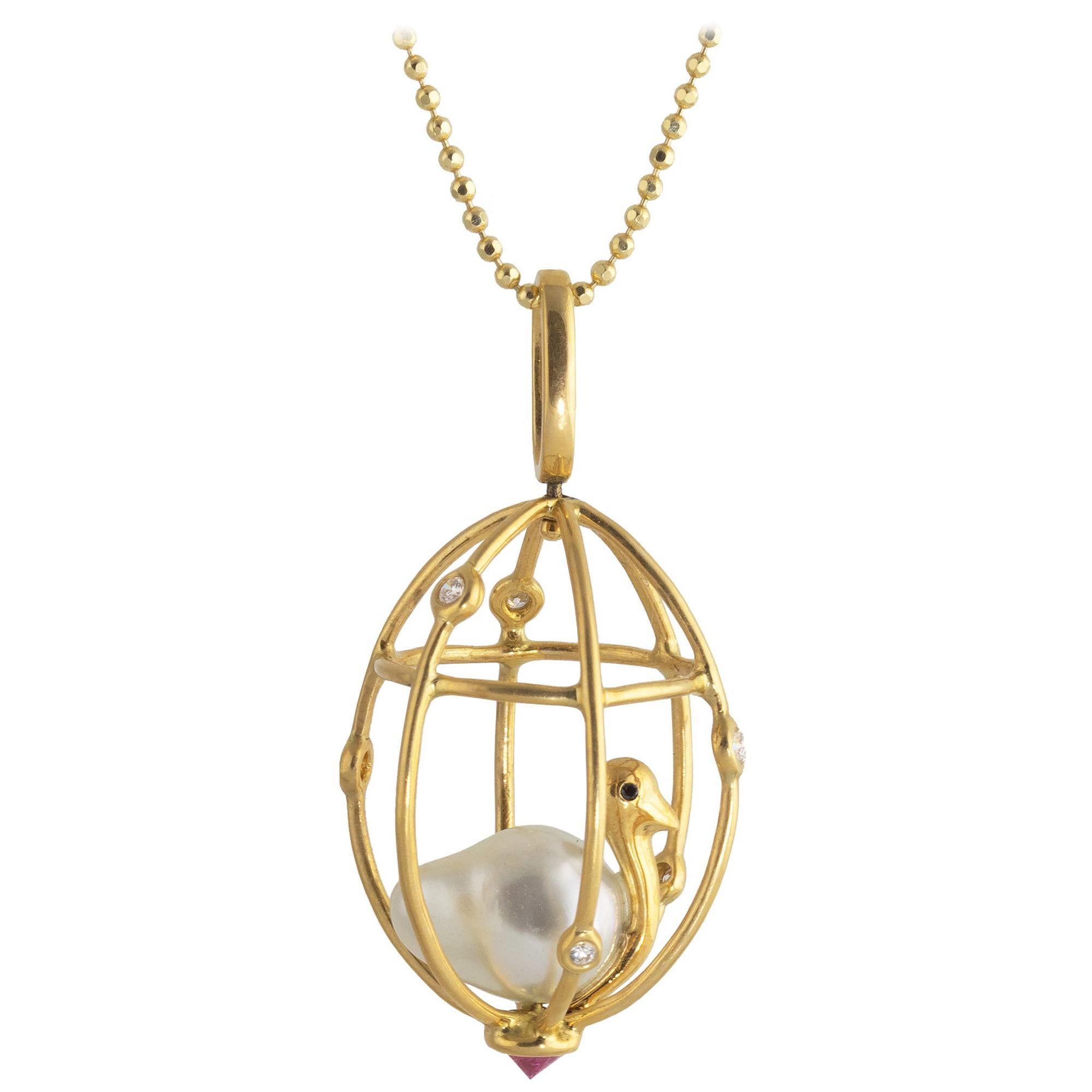 Ico & the Bird Baroque Pearl, Ruby, Diamonds 'Caged Bird' 18k Gold Pendant For Sale
