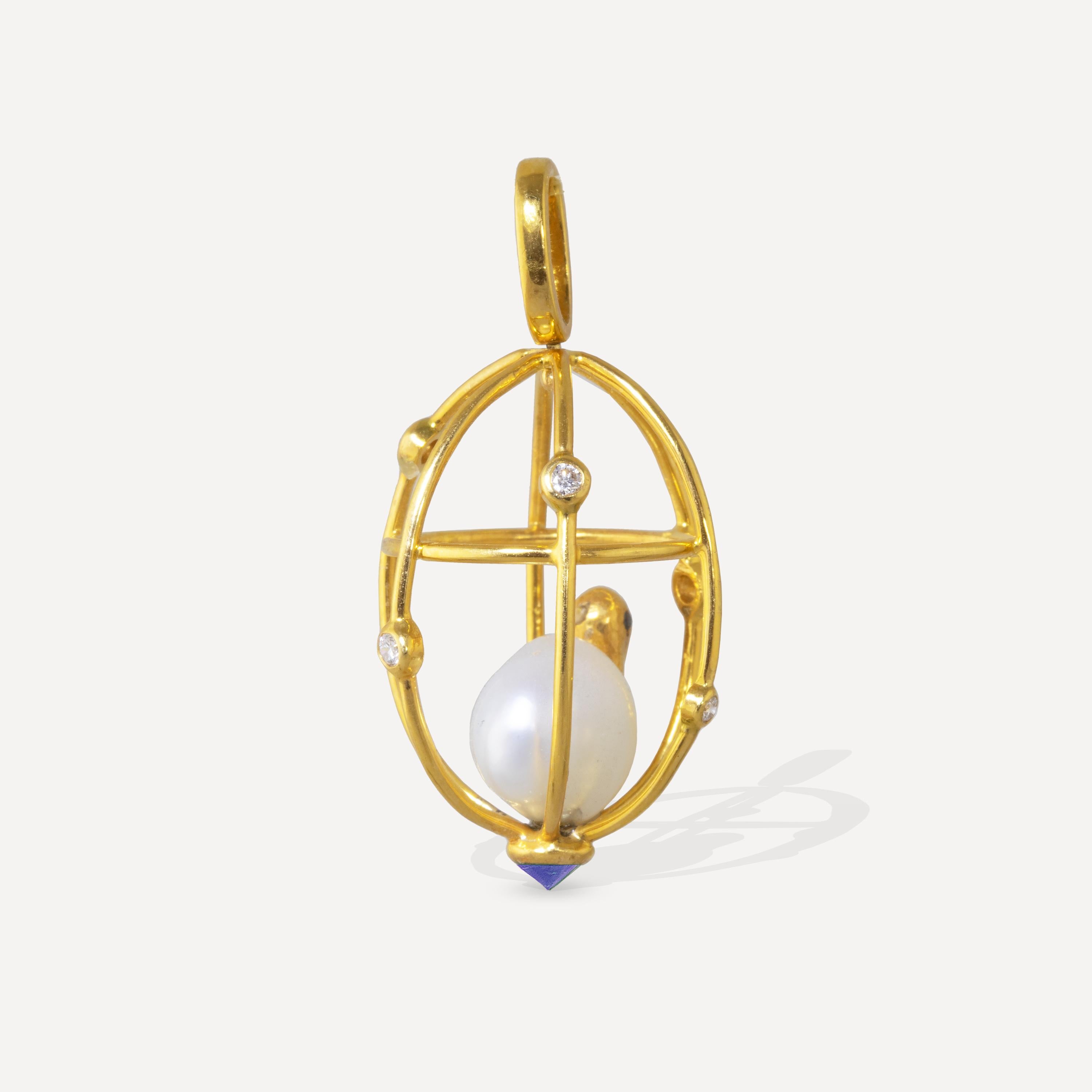 Artisan Ico & the Bird Baroque Pearl, Tanzanite, Diamonds 'Caged Bird' 18k Gold Pendant For Sale