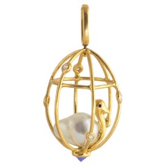 Ico & the Bird Baroque Pearl, Tanzanite, Diamonds 'Caged Bird' 18k Gold Pendant