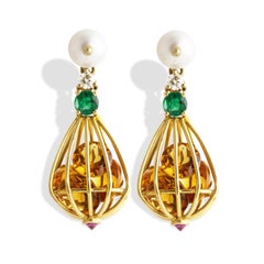 Ico & the Bird Citrine, Emerald, Diamond, Pearl 18 Karat Gold Cage Drop Earrings