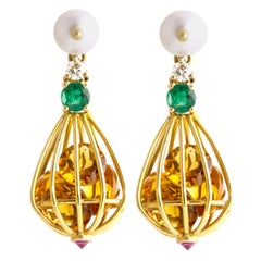 Ico & the Bird Citrine, Emerald, Diamond, Pearl 18 Karat Gold Cage Drop Earrings