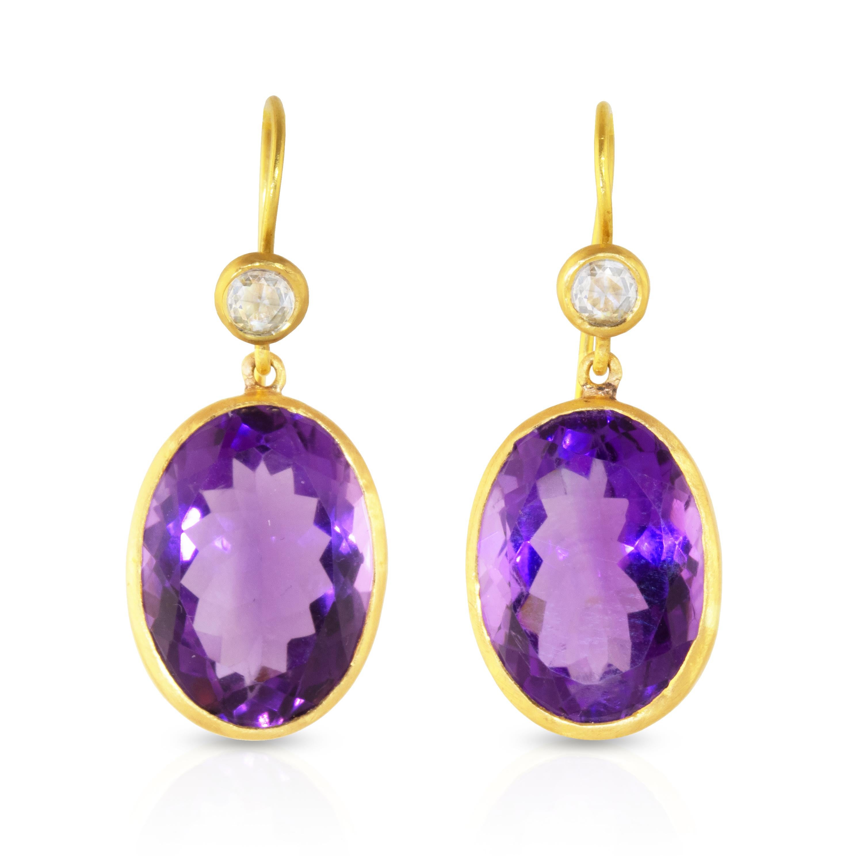 Gorgeous  17.35 carats of Brazilian Amethysts are set in 22k gold and highlighted with .30 carats of rose cut diamonds. 

Amethyst served royalty throughout history and was considered in ancient times to be a precious stone, worth as much as