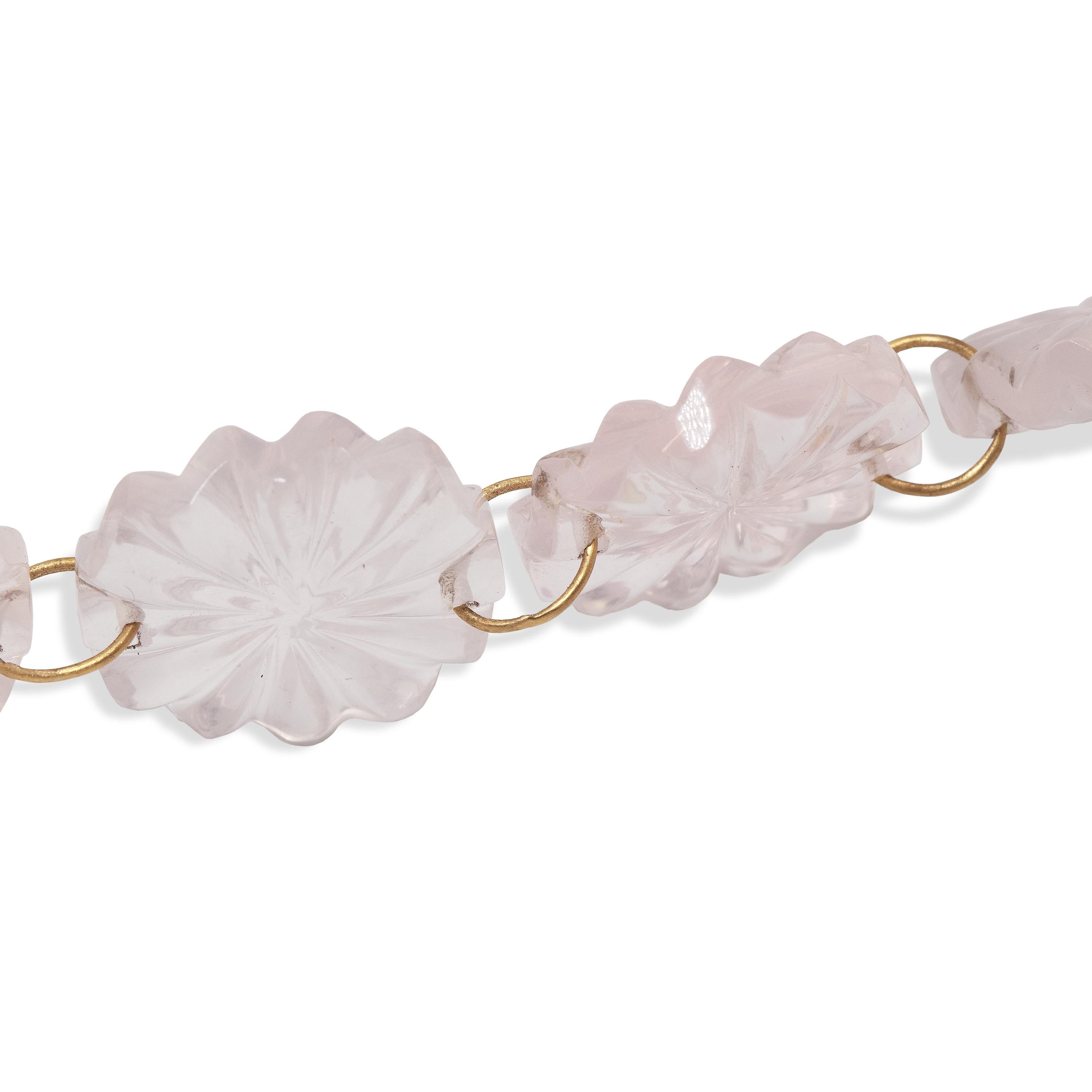 Artisan Ico & the Bird Fine Jewelry 240cts Rose Quartz Carved 22k Gold Necklace For Sale