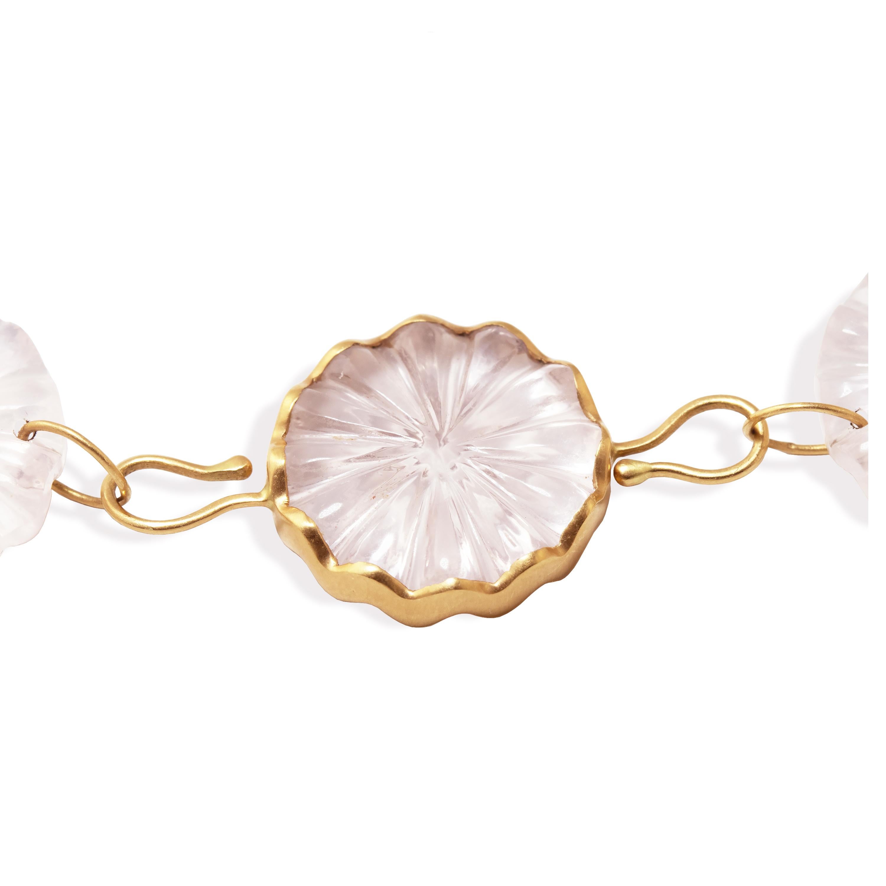 Rose Cut Ico & the Bird Fine Jewelry 240cts Rose Quartz Carved 22k Gold Necklace For Sale