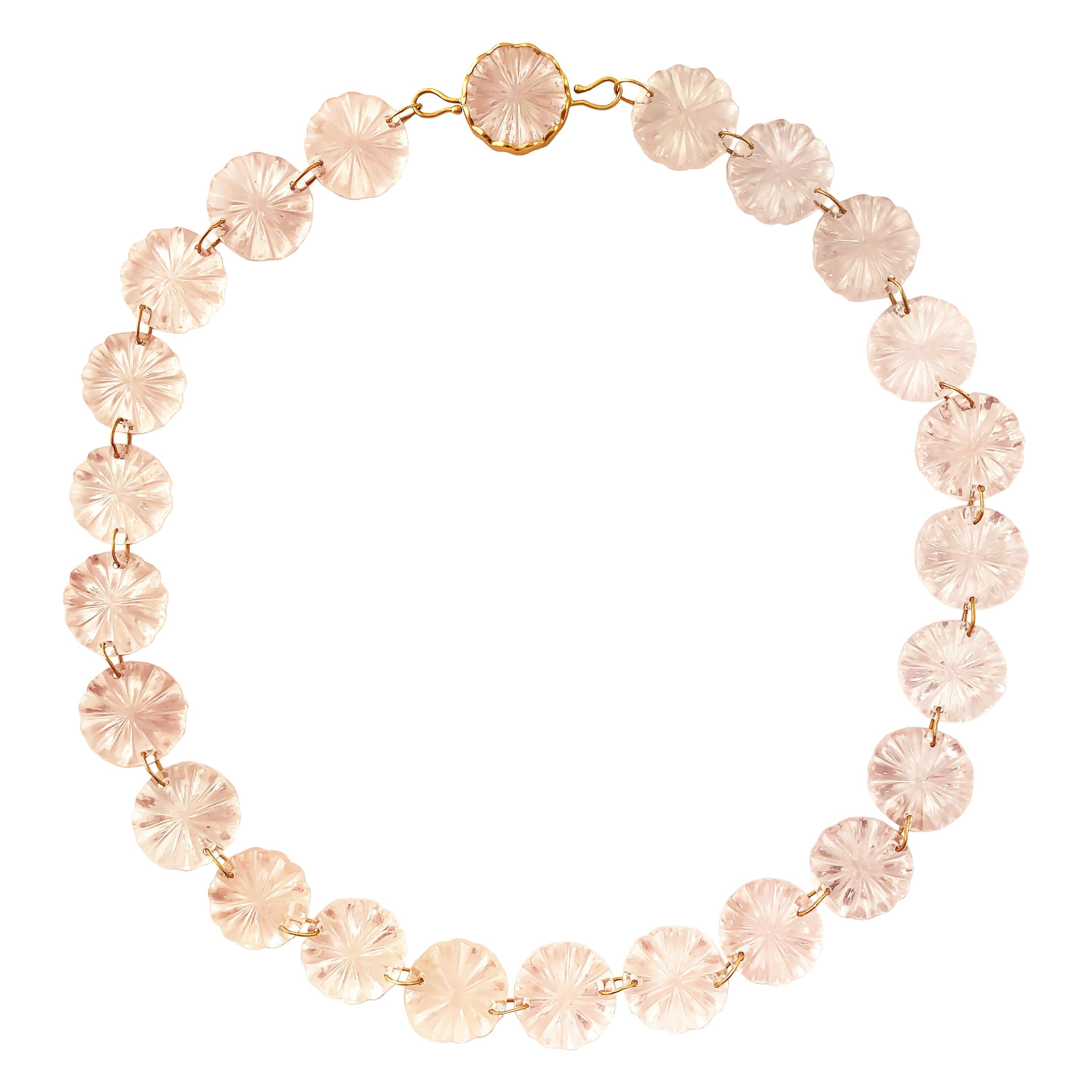 Ico & the Bird Fine Jewelry 240cts Rose Quartz Carved 22k Gold Necklace For Sale