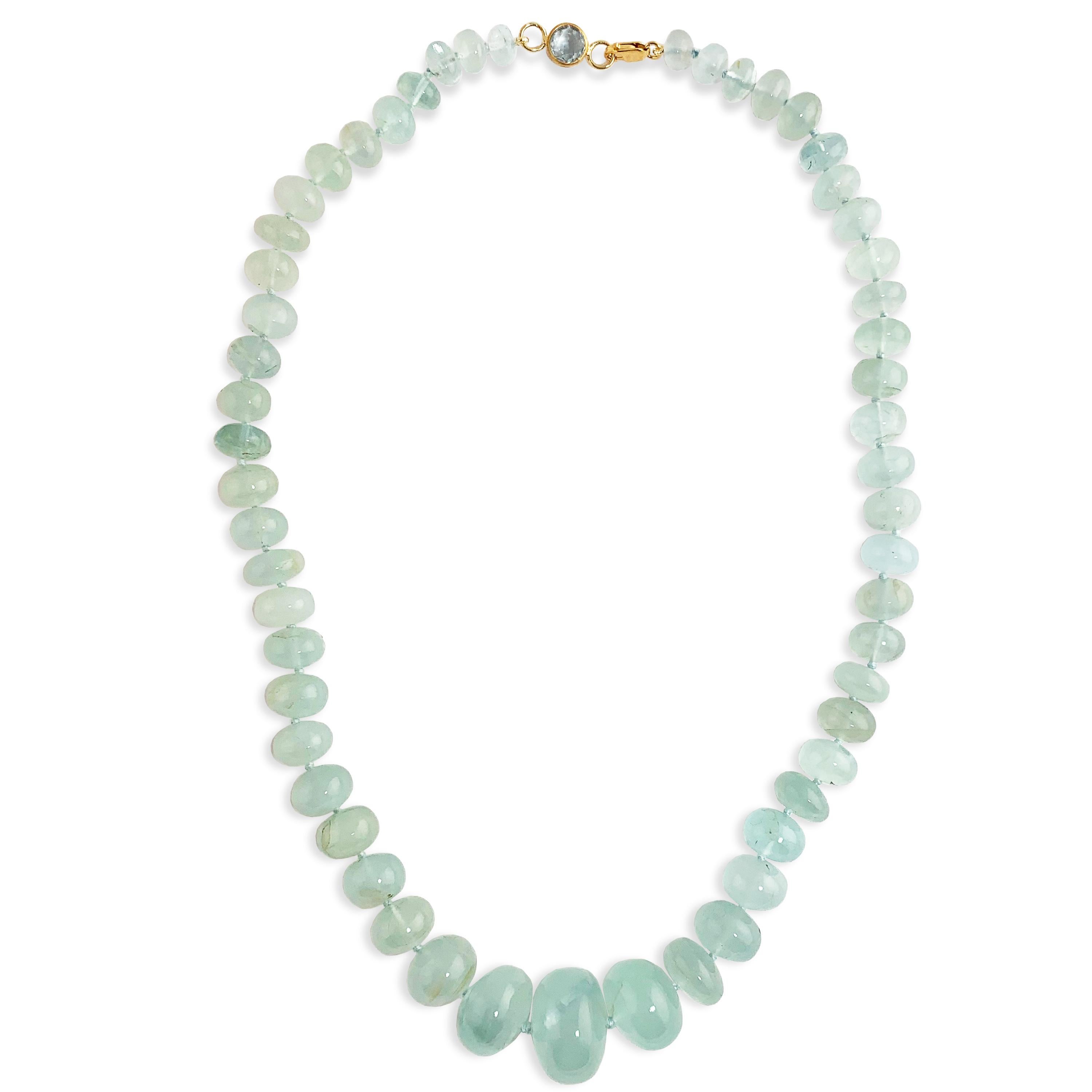 Dreamy 375 carats of Milky Aquamarine beaded necklace with a 22k faceted Aquamarine clasp with lobster closure. These feature graduated smooth gemstones.  Measures 18.5