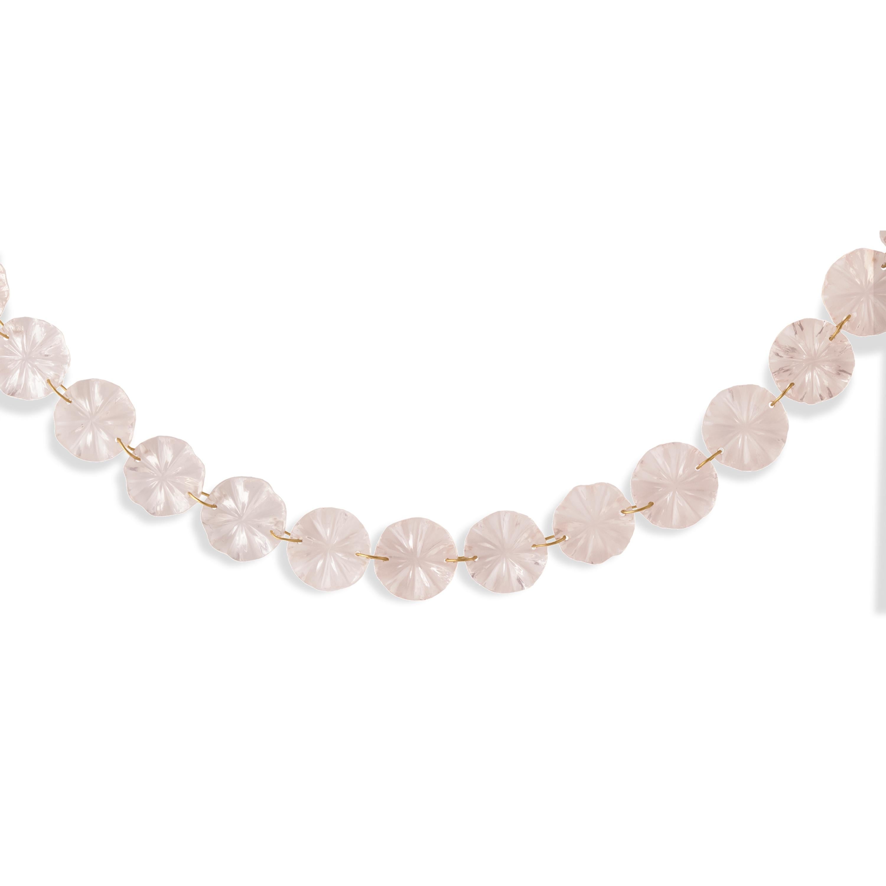 Artisan Ico & the Bird Fine Jewelry 440cts Rose Quartz Carved Disc 22k Gold Necklace For Sale