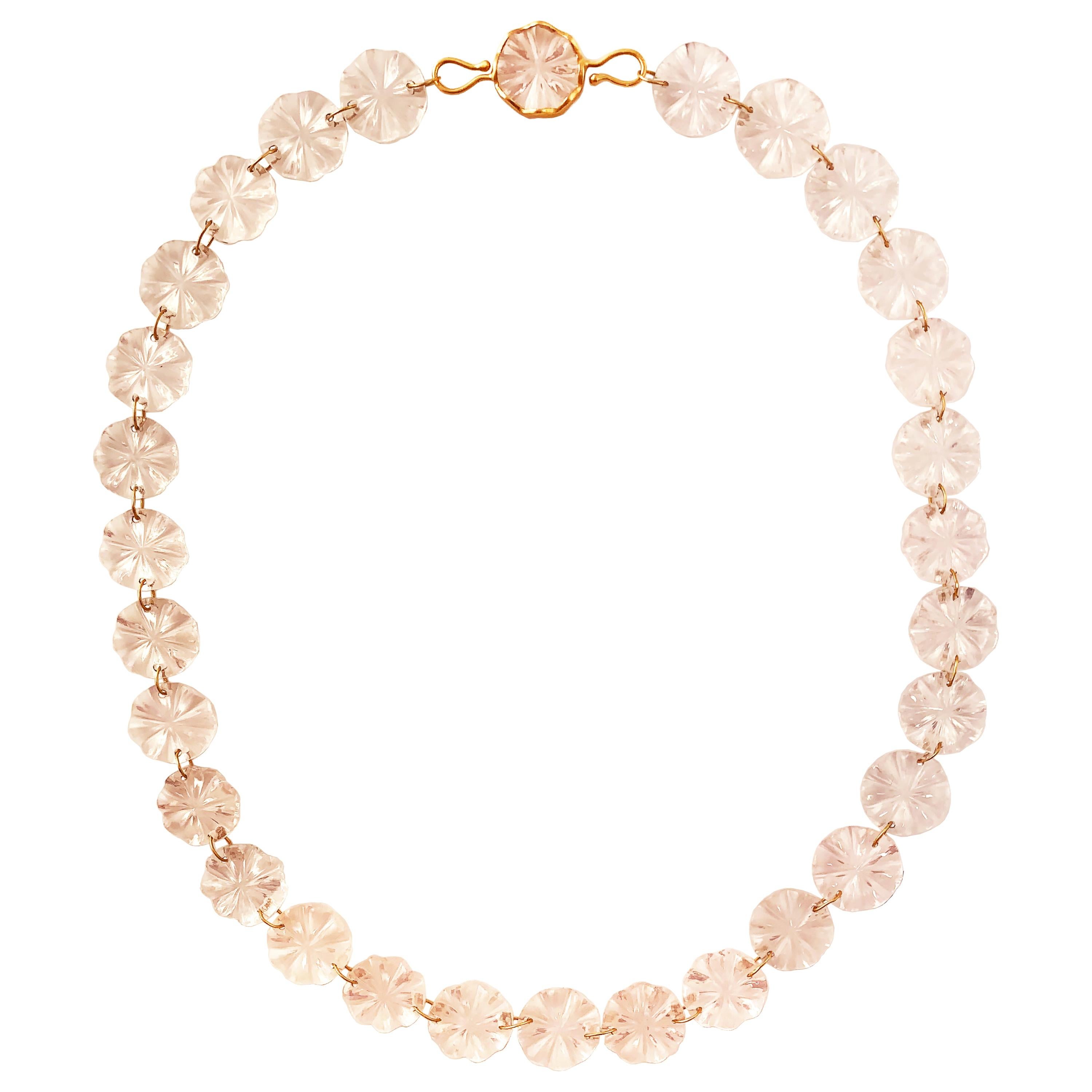 Ico & the Bird Fine Jewelry 440cts Rose Quartz Carved Disc 22k Gold Necklace For Sale