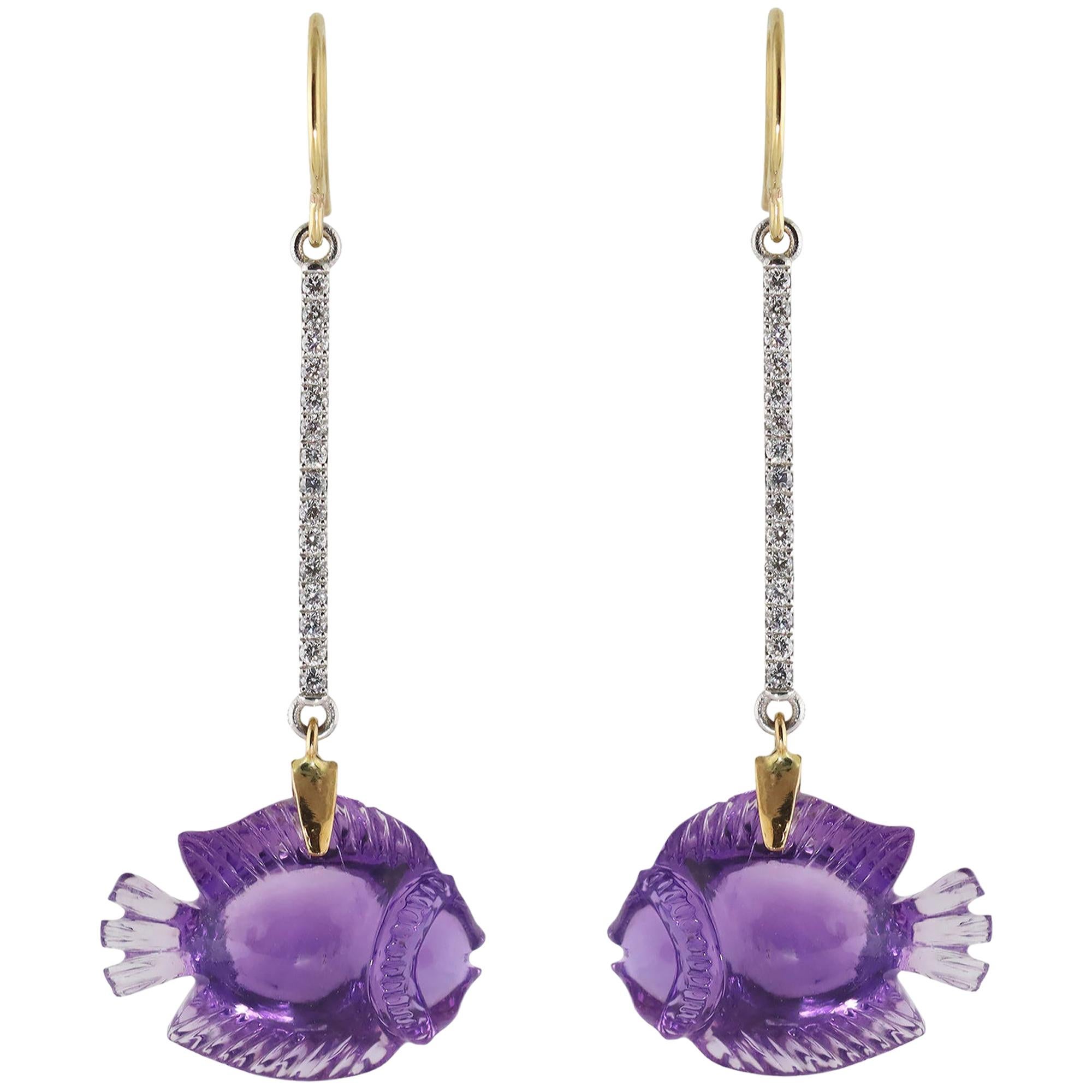 Ico 
the Bird Fine Jewelry Amethyst Carved Fish Diamond 22 Karat Gold Earrings